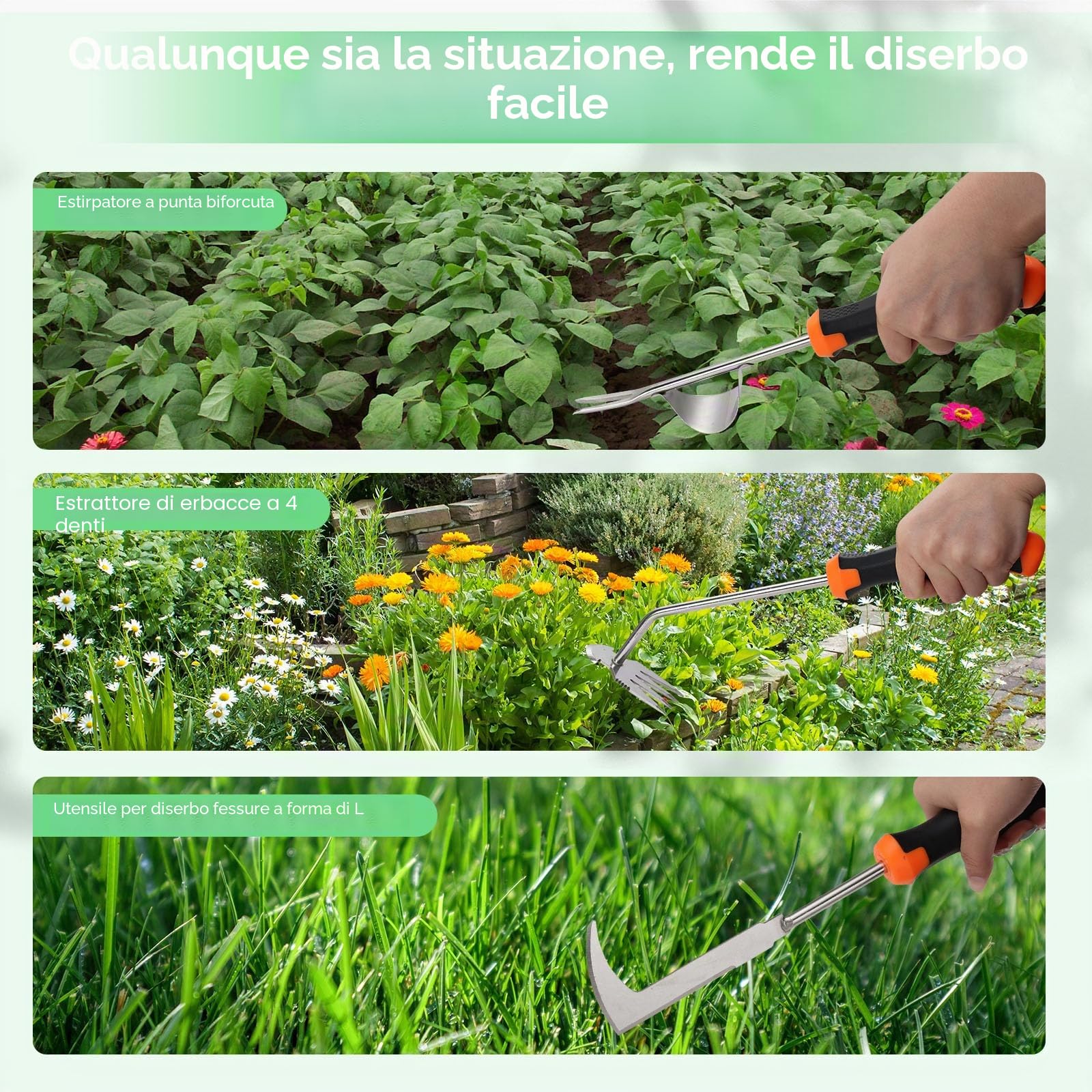 3 PCS Sarchiatore per Erbacce Manuale, Estirpatore Erbacce da Giardino in Acciaio Inox, Attrezzi Giardinaggio, Piantare e diserbare per il giardino, Manico in Gomma