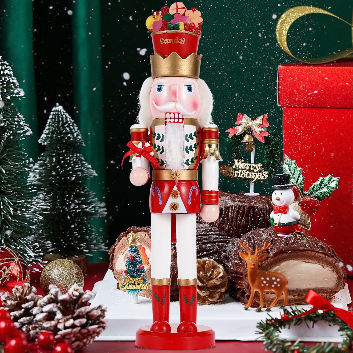 Schiaccianoci gigante da 38 cm (15 pollici) con bastoncino di zucchero e ghiaccio - Figura da collezione in legno - Decorazione natalizia creativa per casa, feste o come regalo (versione