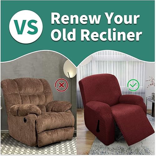 Vista 77 de YEMYHOM Funda elástica de 4 piezas para silla reclinable de jacquard con bolsillo lateral, antideslizante, ajustable, protector de muebles con parte