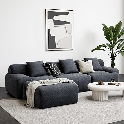LIKIMIO 118" Modern L-Shaped Modular Sectional Sofa for Living Room, Corduroy Upholstery Charcoal Blue, Oversized 3-Seater Couch with Deep Seat and Movable Ottoman – No Assembly