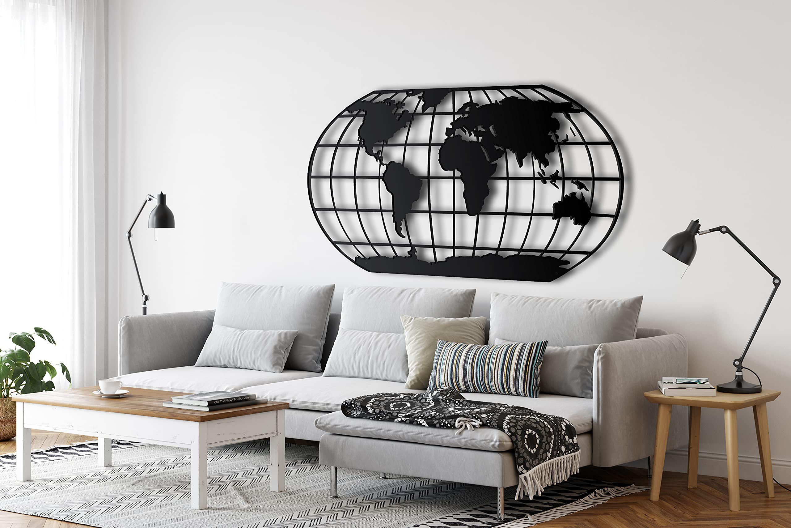 Dekadron Décoration murale en métal, carte du monde avec méridiens, décoration pour salon ou bureau, art mural en métal (100x51cm)