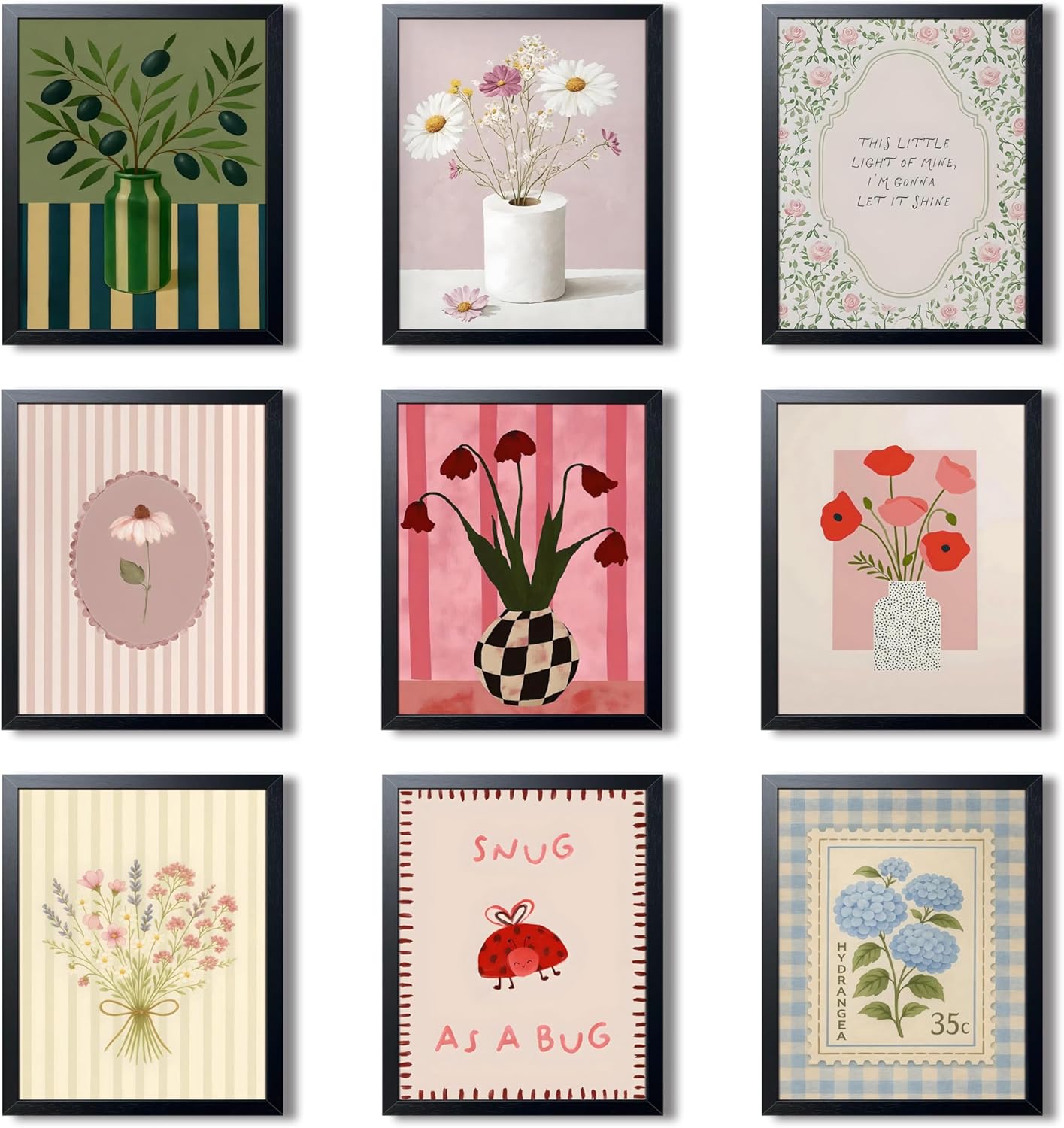 Floral Botanical Wall Art Set of 9, Vintage Cottagecore Flower Canvas Prints, Co…