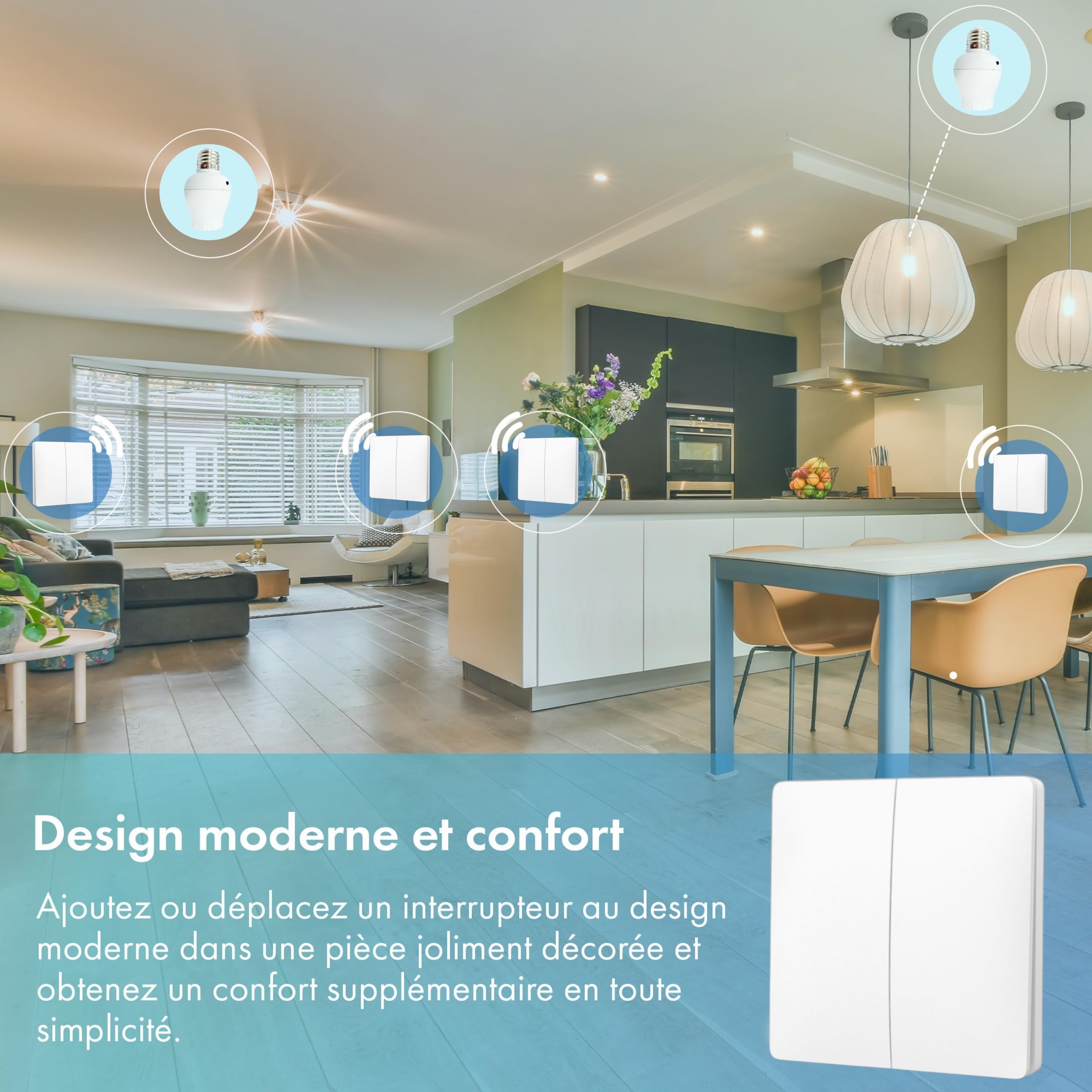 Interrupteur sans fil et sans pile Auto alimenté - Écologique - Qualité Pro - Va et vient RF 4 télécommandes double allumage + 2 douilles adptateur radios à vis E27