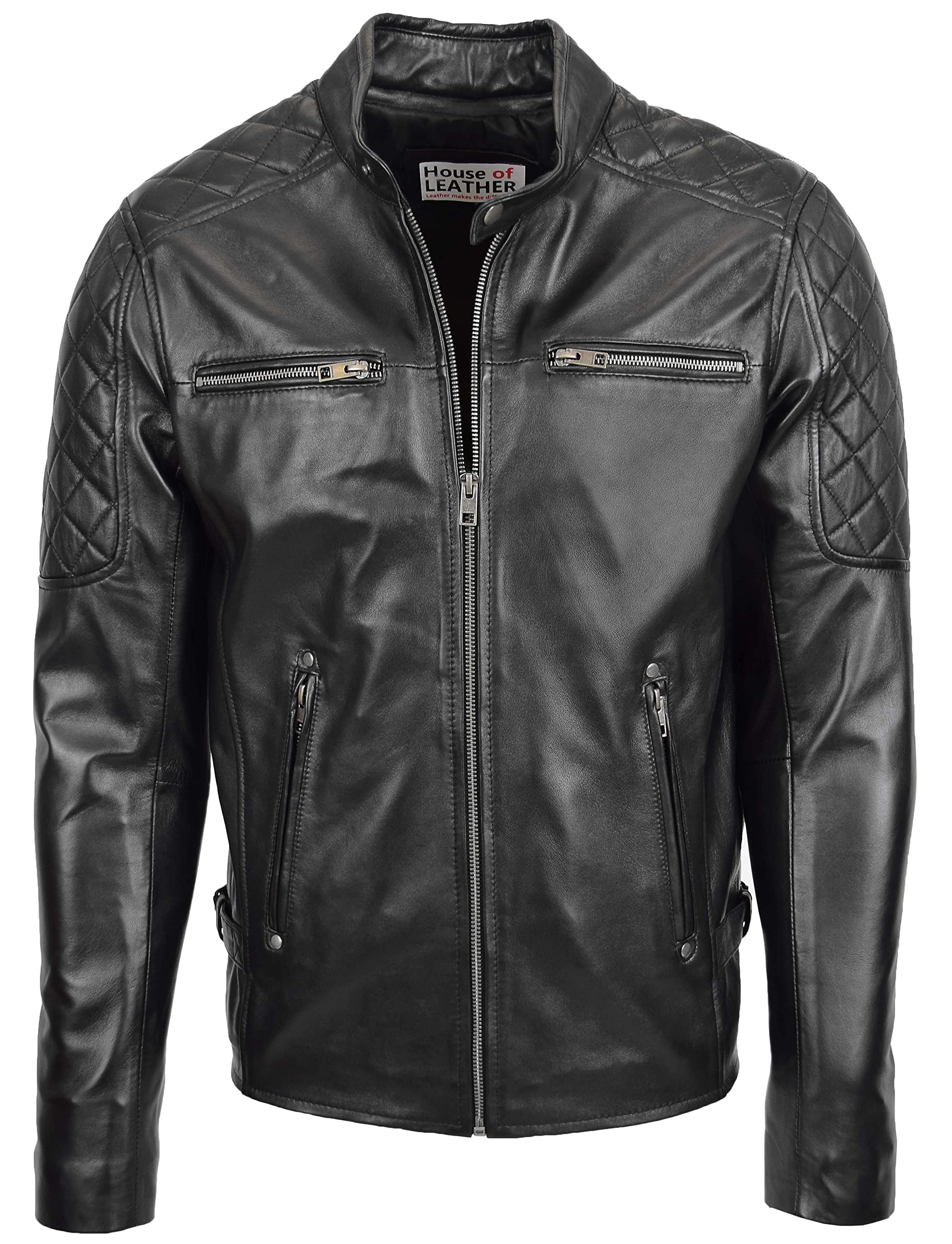 House Of Leather Men's Black Real Leather Biker Jacket Quilt Detailing Jackson (M, )