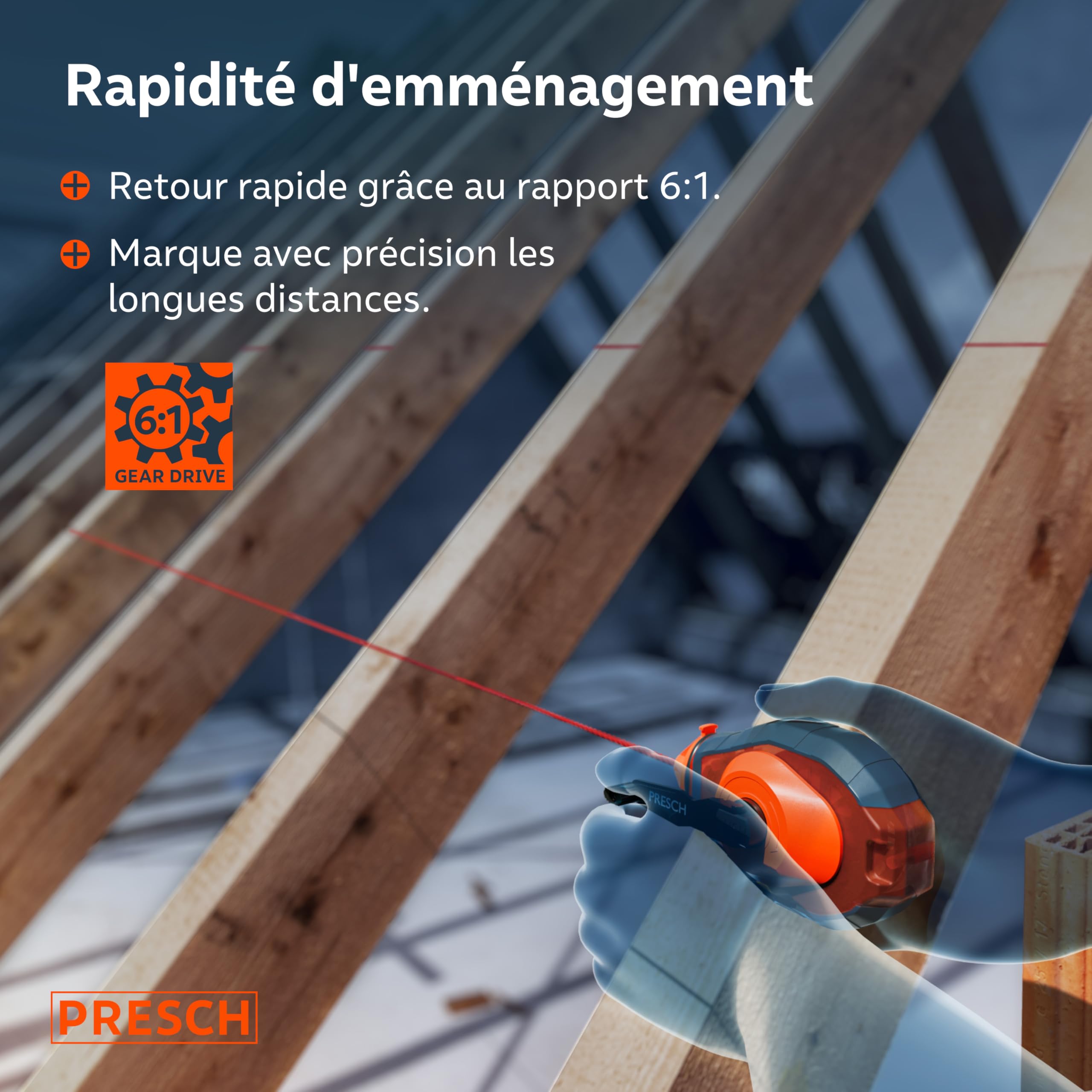 PRESCH Cordeau Traceur de 30m avec craie rouge (150 g) - Dévidage rapide grâce à l'engrenage 6:1 - Hydrofuge et durable - Ligne robuste pour des lignes précises