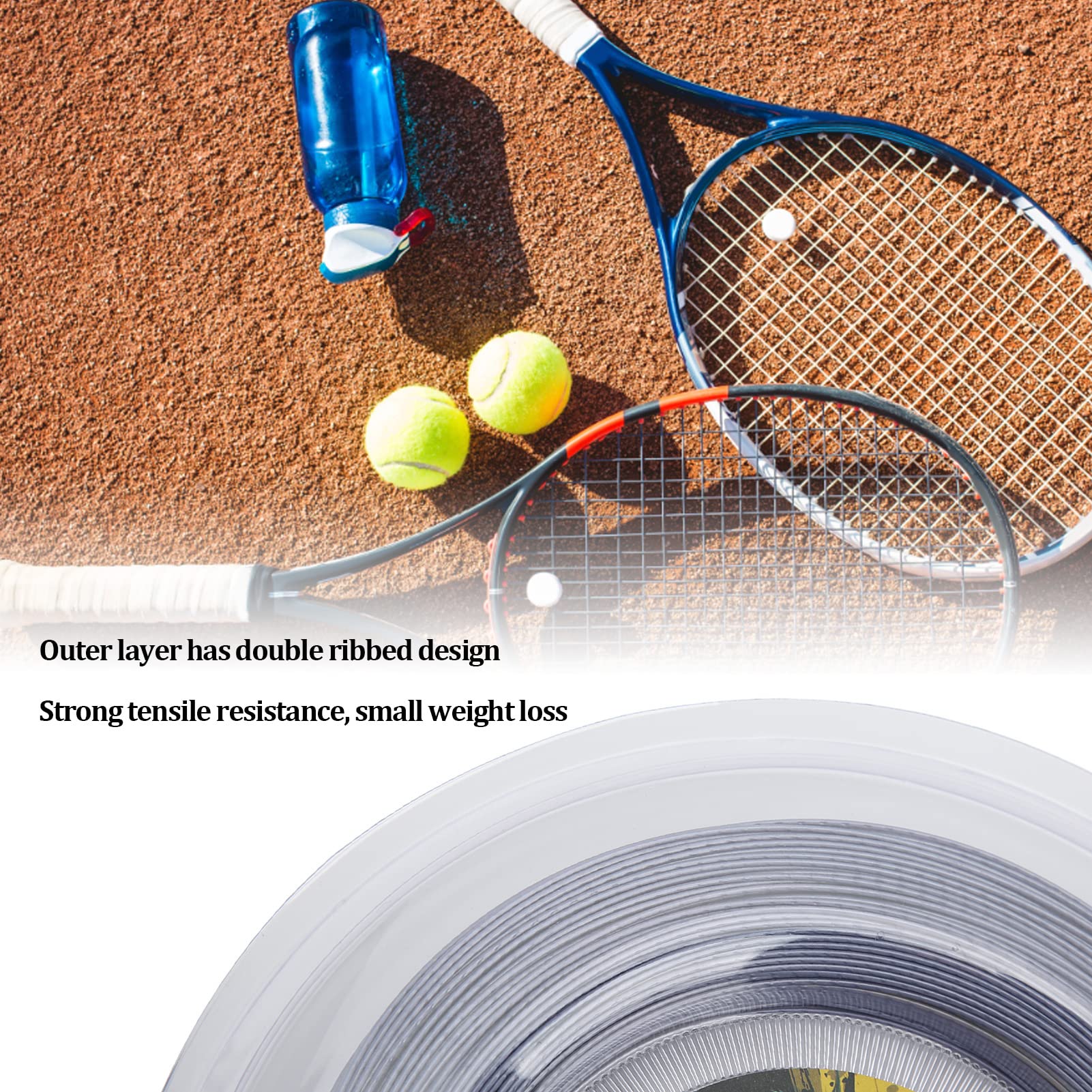 Tennis String, 1.25mm Wire Diameter 200m Double Ribbed Design Polyester Tennis Racquet String for Amateur, Daily Training (Gray)