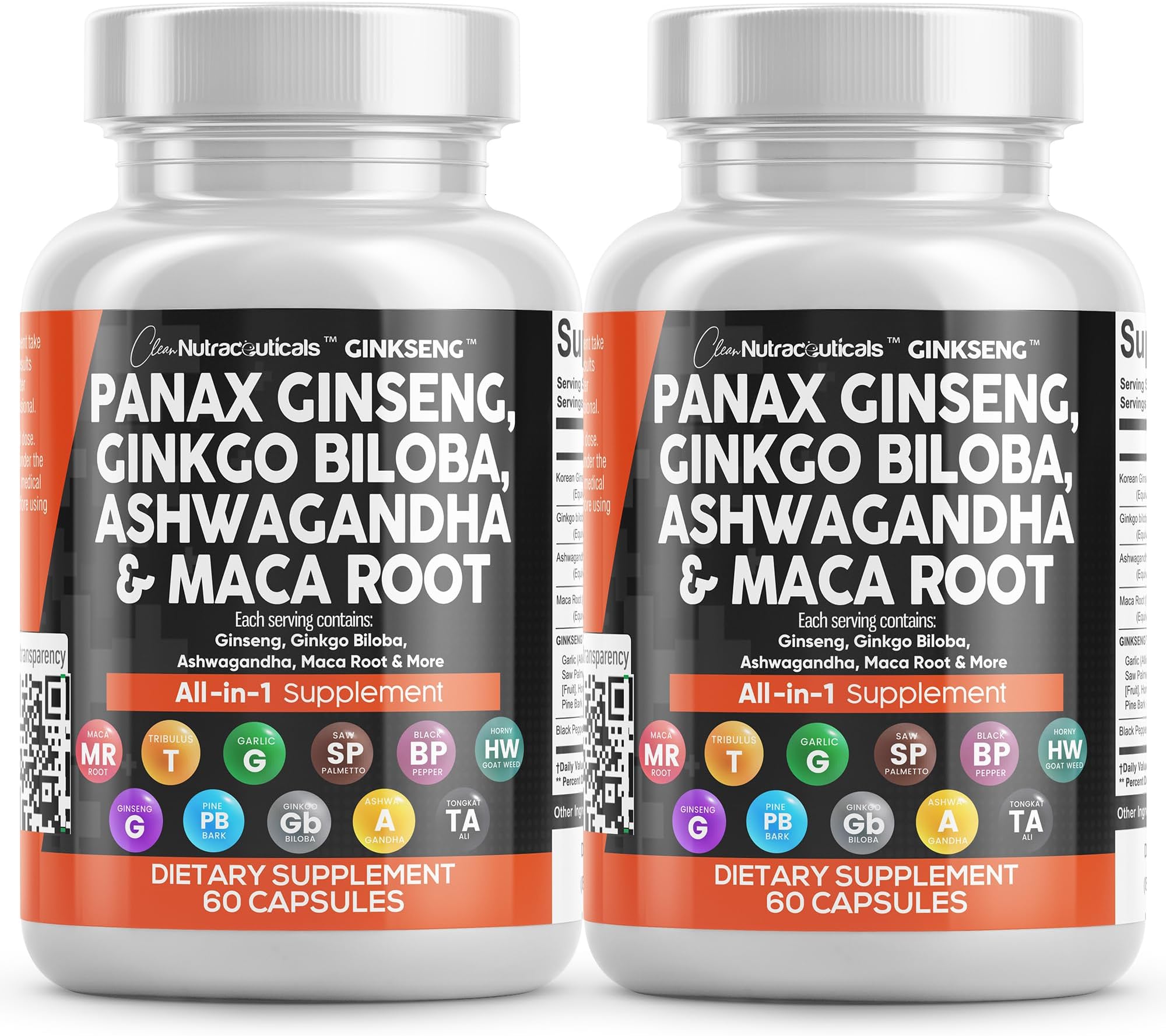 Clean Nutraceuticals Panax Ginseng 10000mg Ginkgo Biloba 4000mg Ashwagandha Maca Root 3000mg - Focus Supplement Pills for Women and Men with Pine Bark Extract, Garlic, and Saw Palmetto - 2Pack