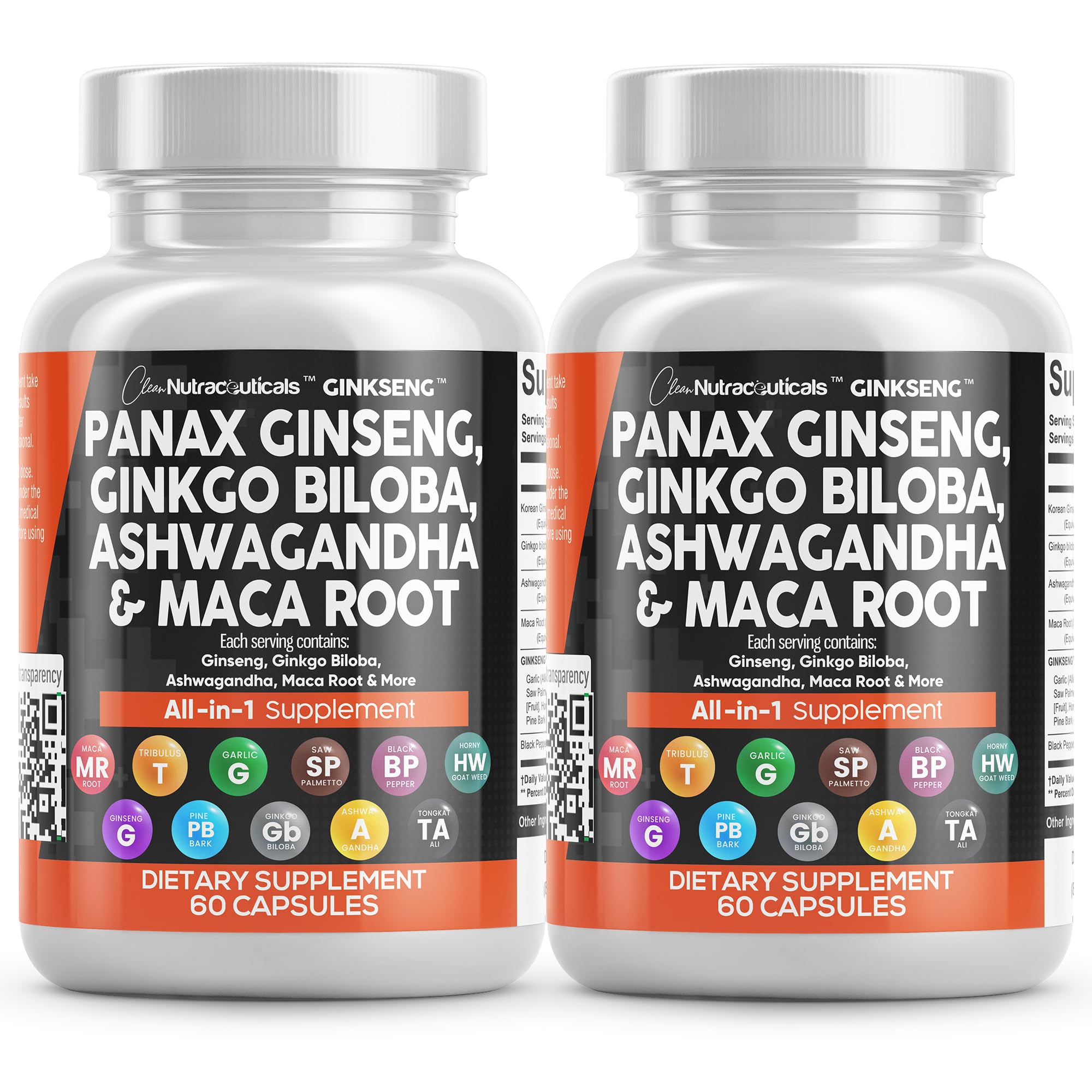 Clean Nutraceuticals Panax Ginseng 10000mg Ginkgo Biloba 4000mg Ashwagandha Maca Root 3000mg - Focus Supplement Pills for Women and Men with Pine Bark Extract, Garlic, and Saw Palmetto - 2Pack