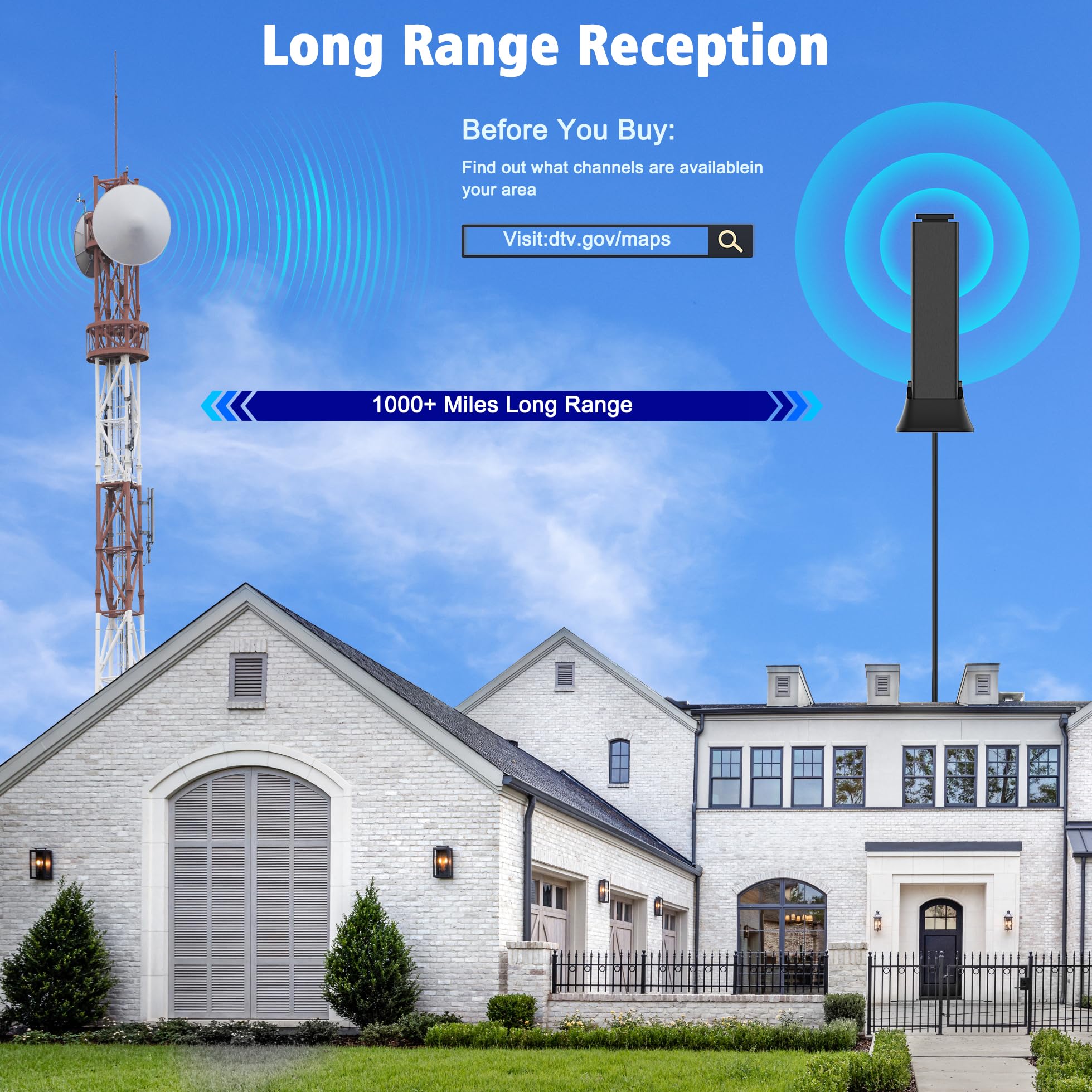Antenna TV per interni, antenna TV per canali locali, antenne per Smart TV a lungo raggio di oltre 2500 miglia, amplificatore di segnale a 360°, antenna HD supporta 4K 8K, 1080p TV - cavo coassiale da
