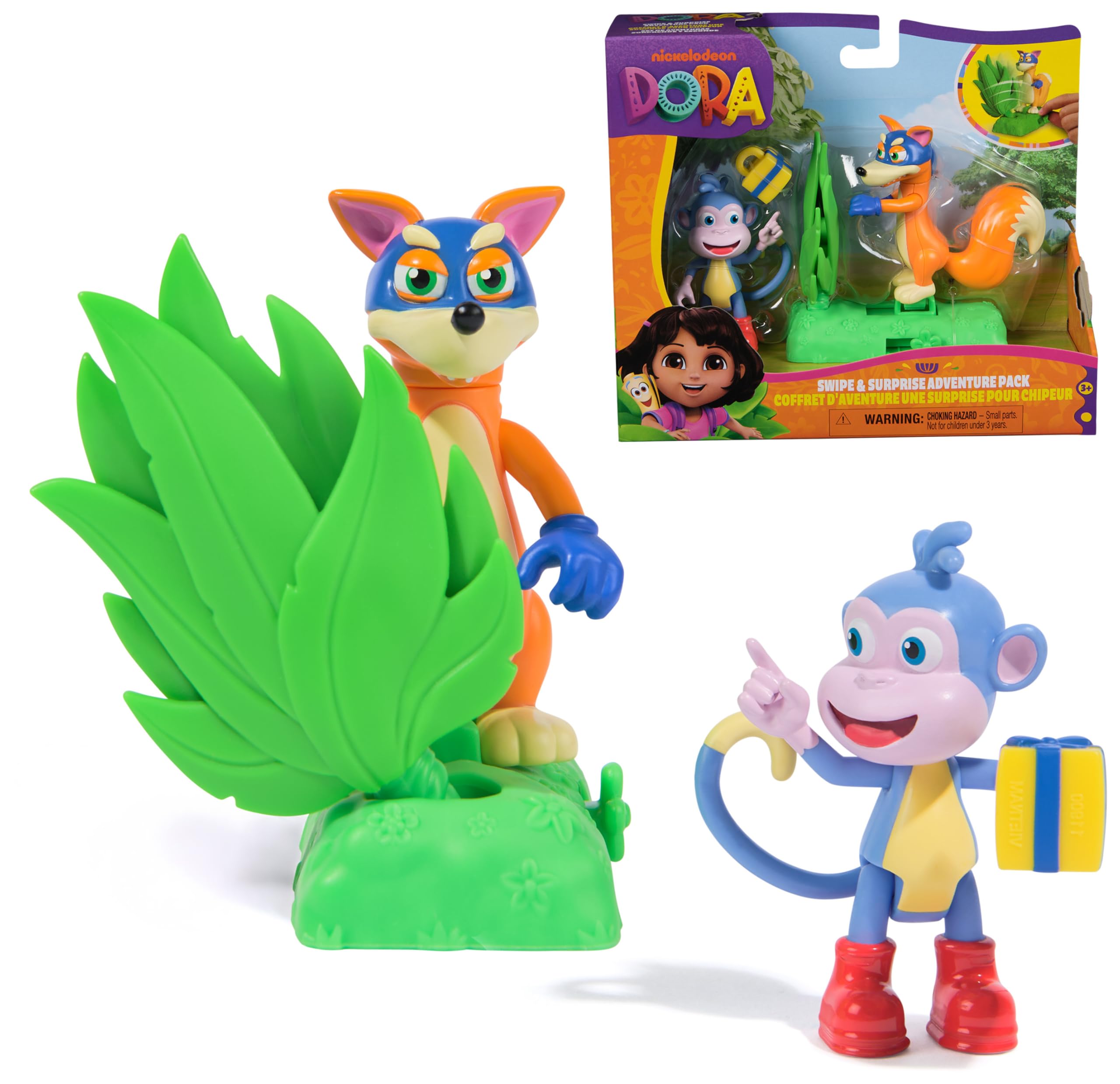 DORA Adventure Pack Monkey Boots and Fox Swiper, Mini Play Set with 2 Figures (approx. 9 cm) and an Accessory with Function, for Imaginative Play, for Children from 3 Years