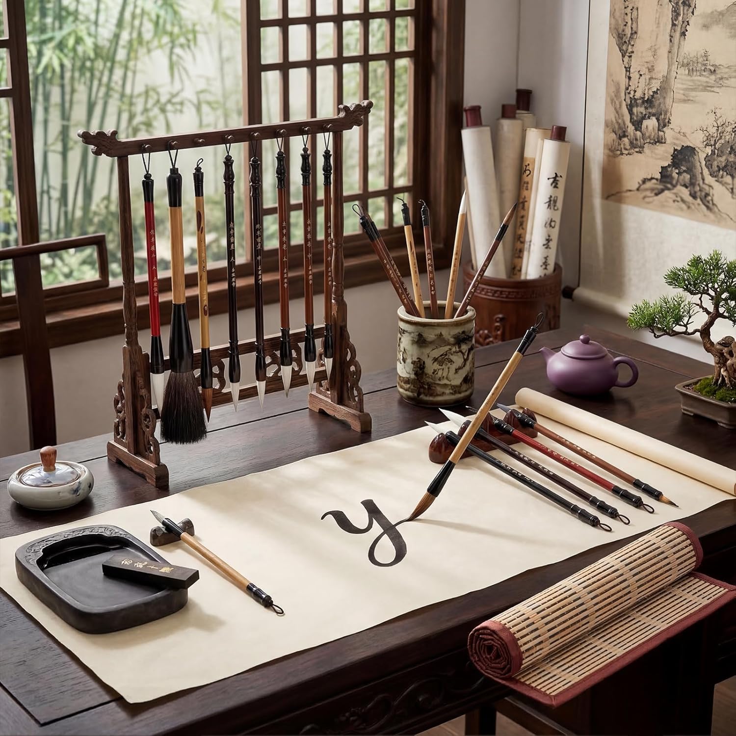 25PCS Chinese Calligraphy Brush Set, Writing Brush with Bamboo Storage Scoll, Japanese or Chinese Kanji Sumi-E Drawing Watercolor Brush
