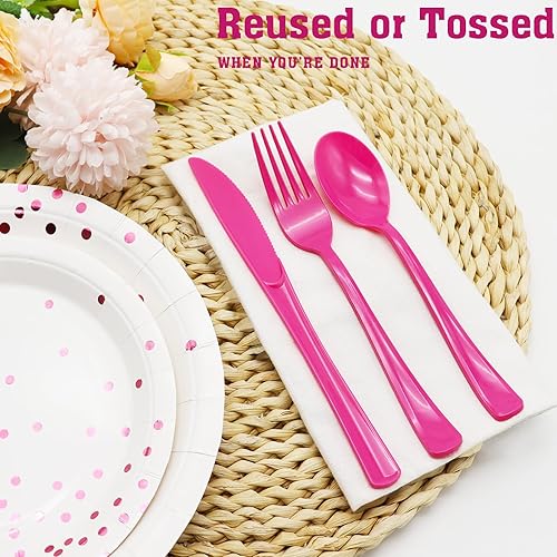 Miniatura 3 de joy akkess Paquete de 150 cubiertos de plástico rosa, juego de utensilios de plástico rosa intenso, juego de cubiertos de plástico rosa, 50