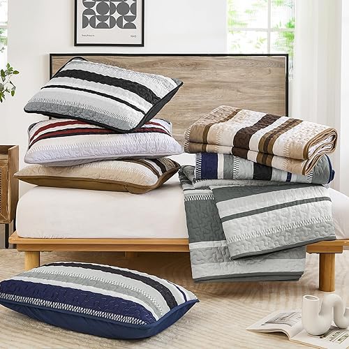 Miniatura 6 de WONGS BEDDING Juego de ropa de cama Queen de 3 piezas, colcha de rayas negras, edredones ligeros de verano tamaño Queen para cama de 96 x 90 pulgadas