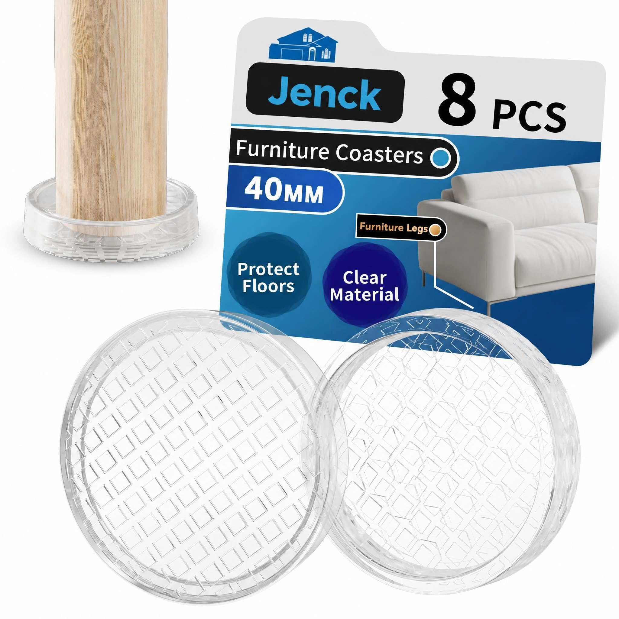 Jenck Ø40mm Carpet Protector Cups, Transparent Furniture Coaster, Clear Castor Cups, Sofa Leg Floor Protectors 8PCS