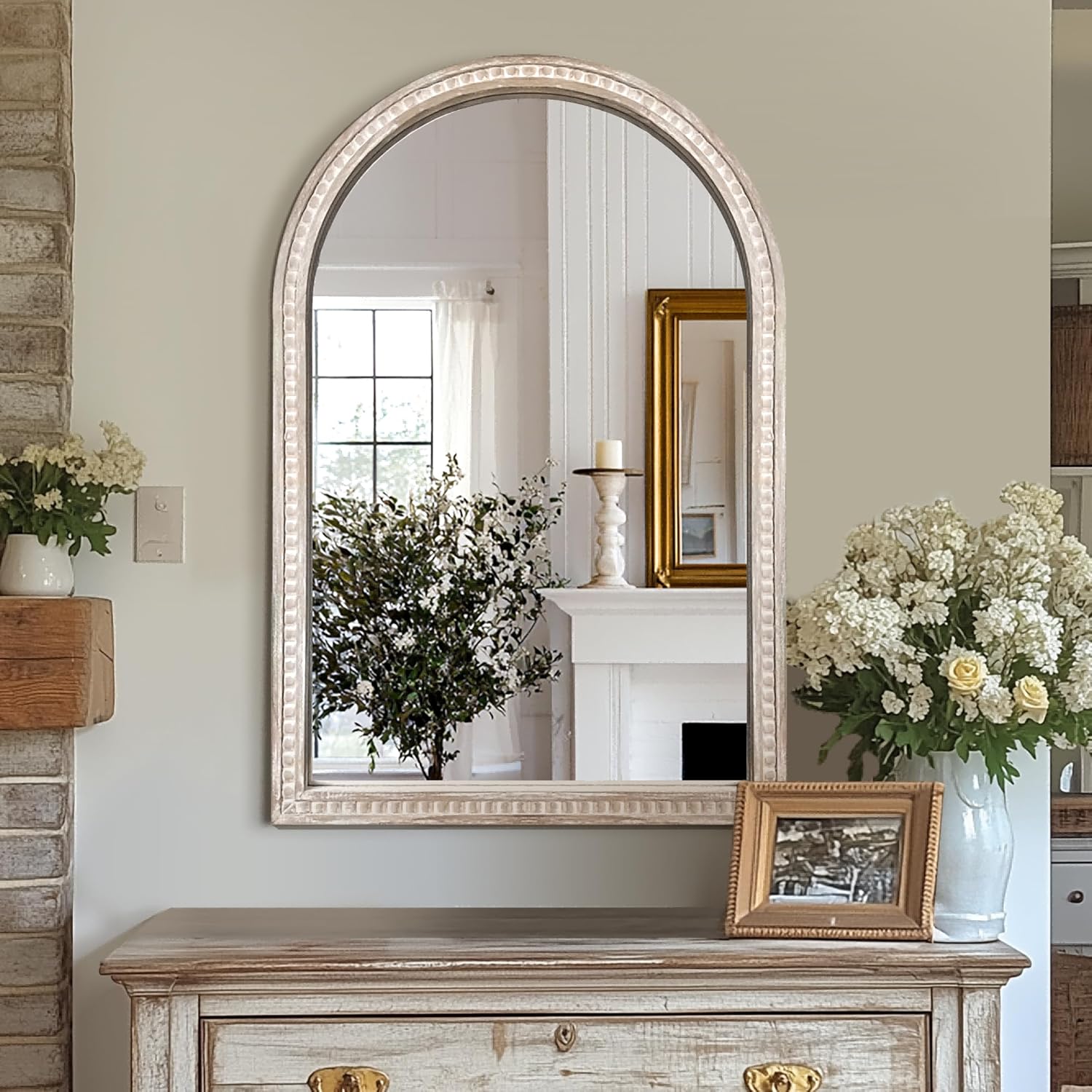 Arched Vanity Mirror for Wall, 36"x24" Boho Rustic Farmhouse Mirror with Beaded Wooden Frame, Decorative Wooden Mirror for Bathroom, Living Room, Entryway, or Bedroom Vintage White 36"L x 24"W