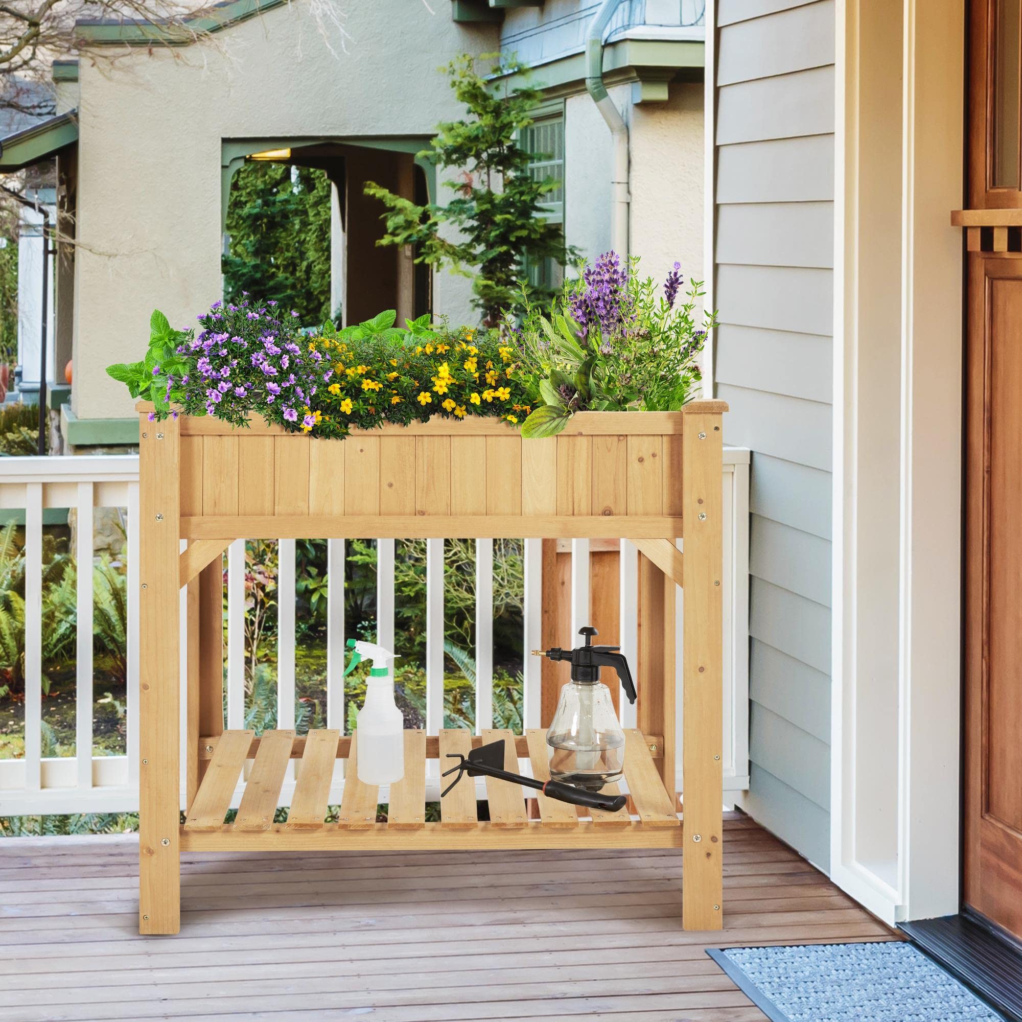 Yaheetech Carré Potager sur Pied Exterieur Table de Rempotage Jardinière Surélevée Carré à Plantes en Bois Trous de Drainage pour Légumes ou Fleurs dans Balcon/Jardin