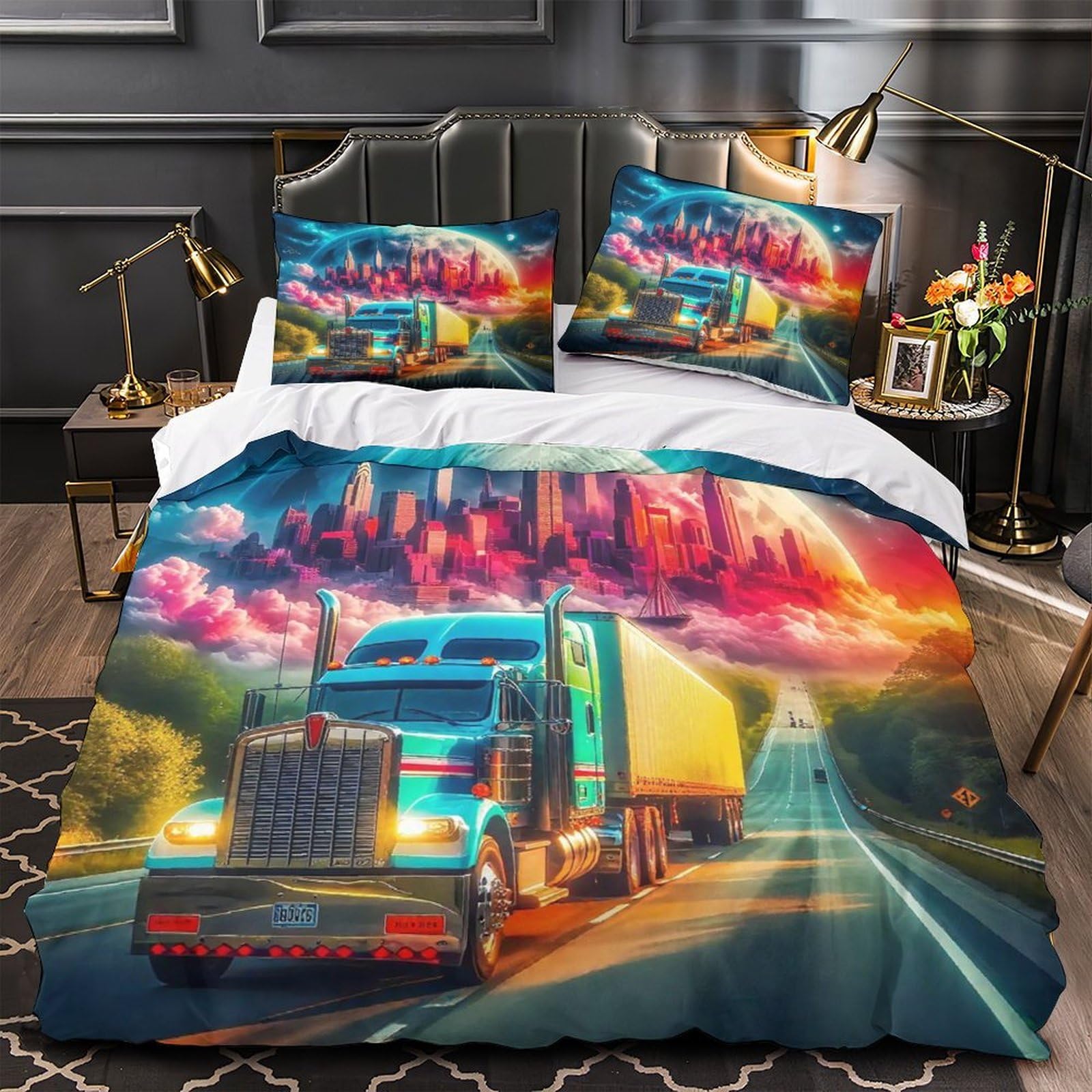 Housse de couette camion américain 3D Super King 260x220cm en microfibre douce avec taies