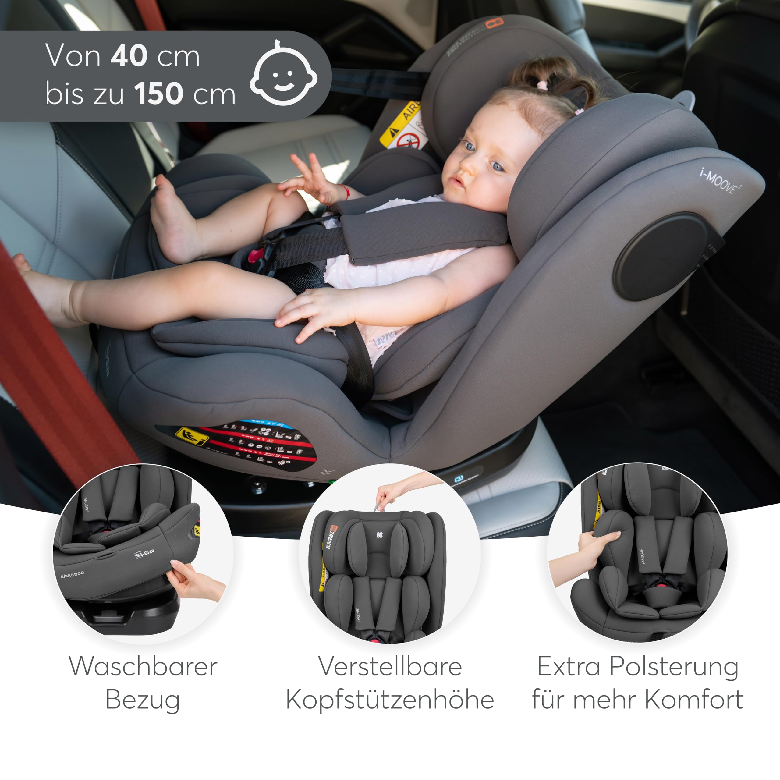 KikkaBoo Kindersitz 9-36 kg mit ISOFIX & 360° Drehung i-MOOVE 2, i-SIZE, 40-150 cm Reboarder, Rückwärts/Vorwärtsgerichtet, Verstellbare Kopfstütze, Liegefunktion, Dunkelgrau