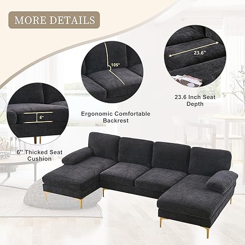 Miniatura 3 de VERYKE Sofá seccional en forma de U, moderno sofá seccional de tela de chenilla de 110 pulgadas, sofá cama tapizado con patas de metal dorado para