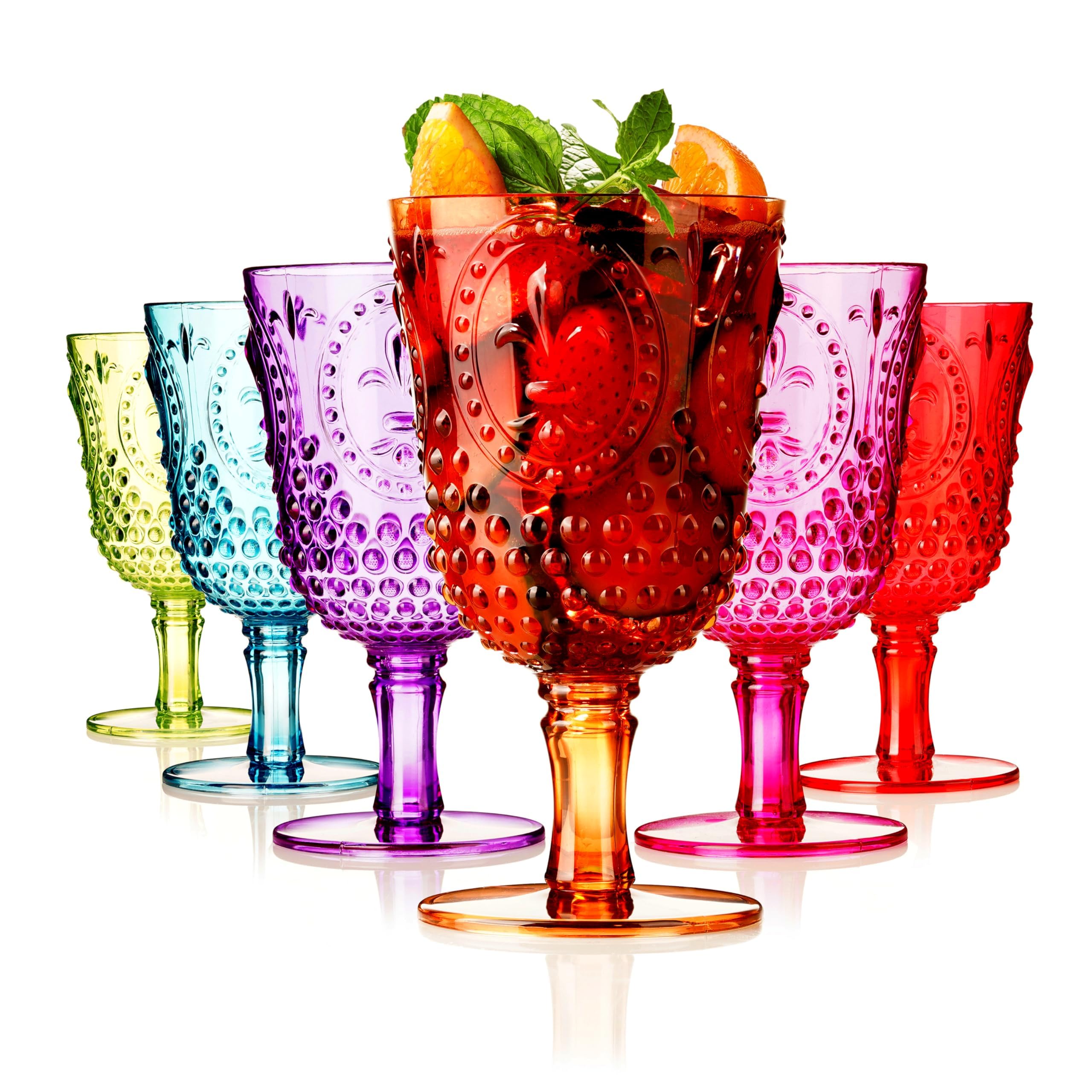 Plastic Wine Glasses Reusable - Set of 6 Large Colourful Acrylic Goblets 450ml - Unbreakable Outdoor Christmas Party Drinkware - BPA Free