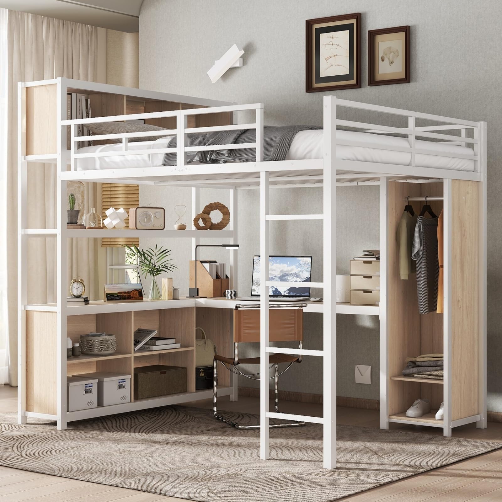 Sweiko Lit Mezzanine 140 x 200 cm avec Armoire, Cadre de Lit Métal avec Bureau et étagère, Matelas Non Compris (White, 140cm*200cm)