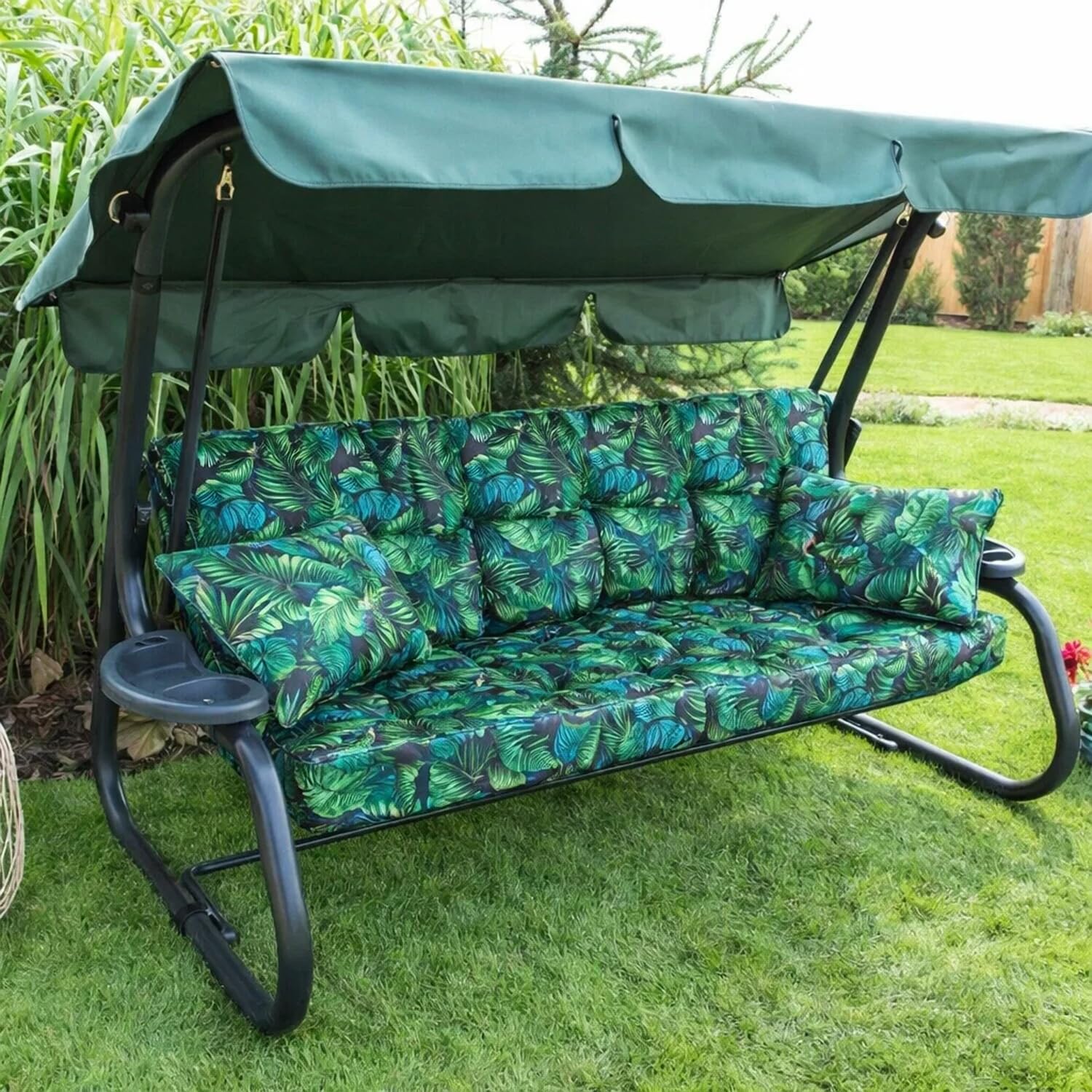 Hollywoodschaukel Auflage Pola, Sitzkissen für Gartenschaukel, 100–180 cm, mit 2 Kissen (Blaue BLÄTTER, 180 cm)