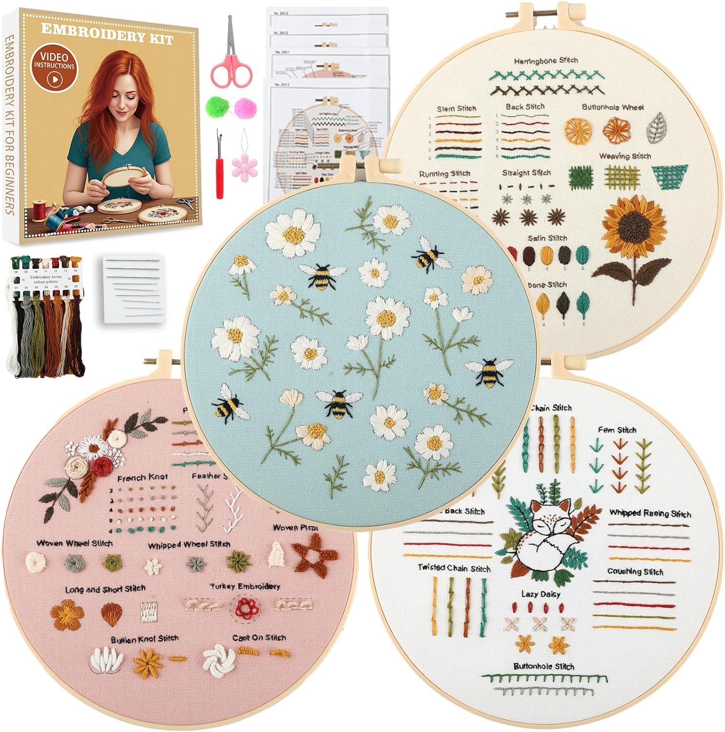 ZenHues Embroidery Kit for Beginners Adults with Level 0 Practice Sampler, 5 Pre-Printed Patterns & Video Tutorials with 7.8" Hoop, Learn 30+ Stitches, DIY Needlework Craft Gift for Women