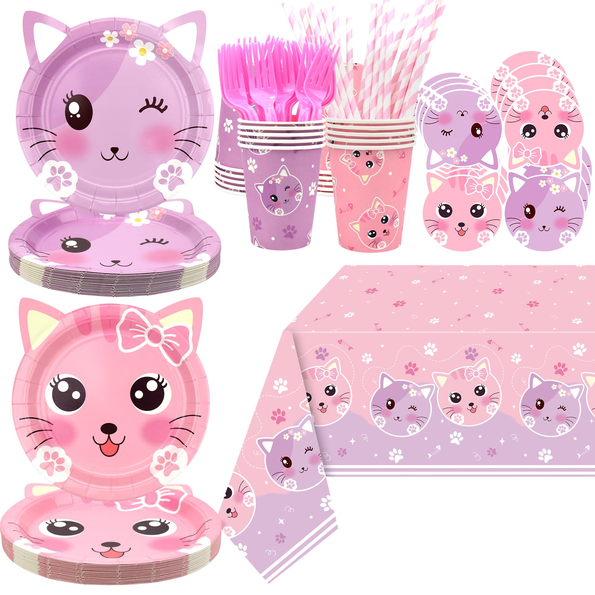 Cat Birthday Party Supplies Set, Kitten Tableware Includes Plates, Tablecloth, Cups, Forks and Straws for Kids Cat Party Decorations, Serves 20 Guest (A)