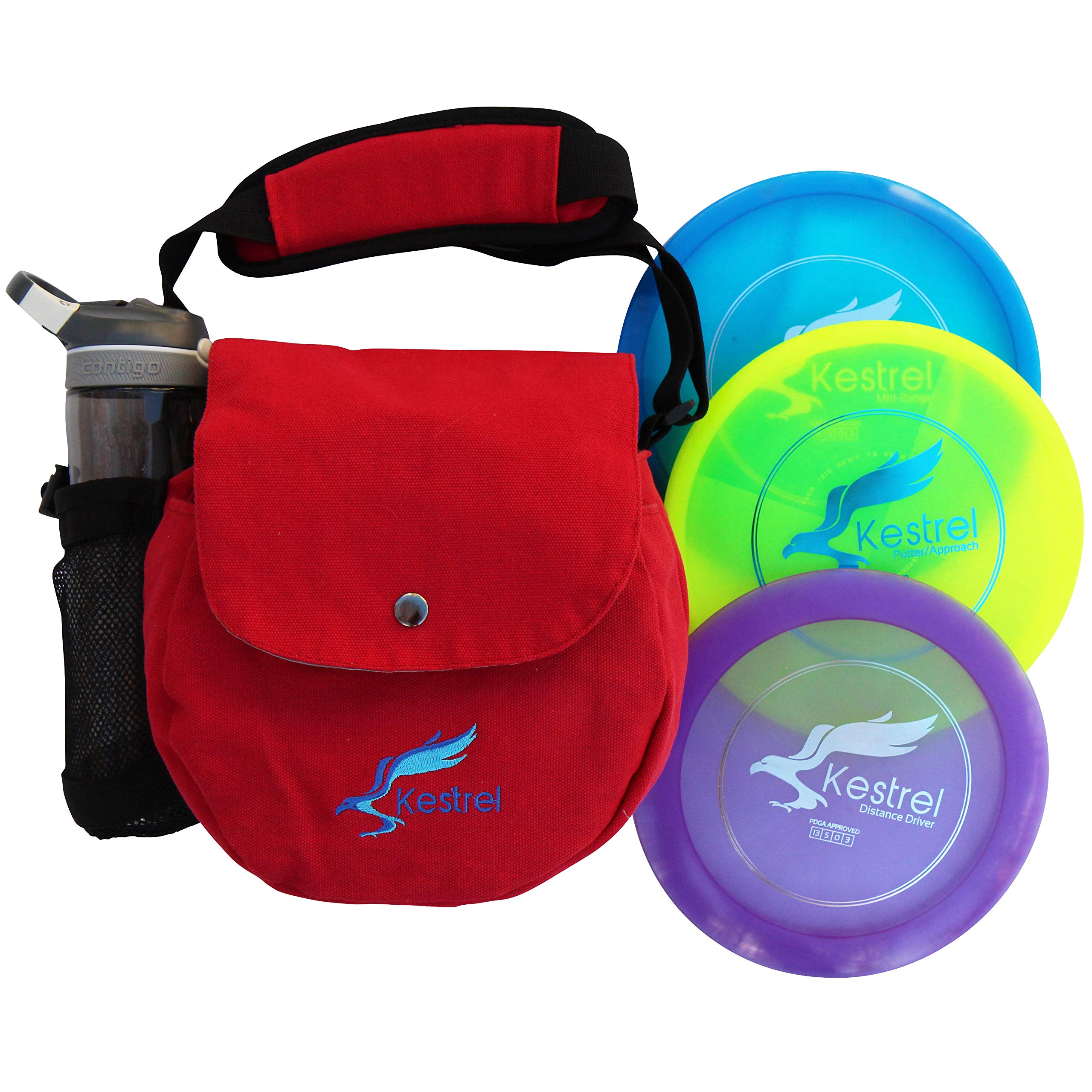 KESTREL Discs Golf Pro Set | 3 Disc Pro Pack Bundle + Red Bag | Disc Golf Set | Includes Distance Driver, Mid-Range and Putter | Small Disc Golf Bag (Red)