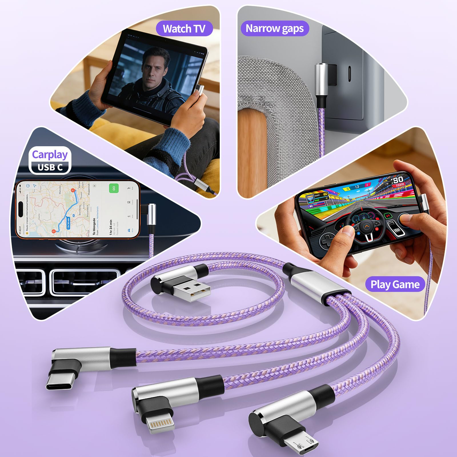 Cavo di ricarica multiplo a 90 gradi per gamer-friendly & Travel Essentials [2 confezioni da 1,5 m], cavo di ricarica 3 in 1 ad angolo retto con USB-A a USB C/IP/Micro USB, compatibile con iPhone