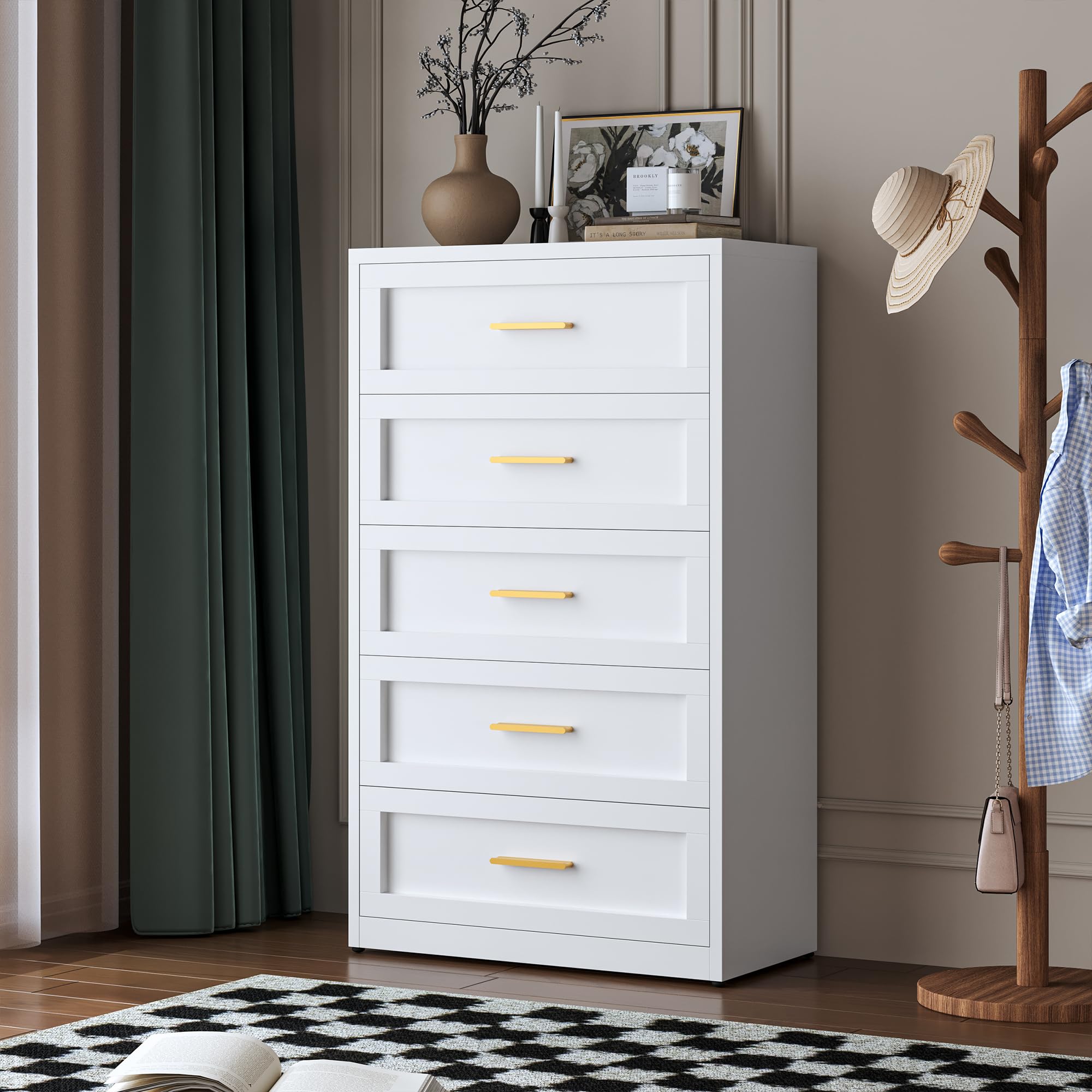 White 5 Drawer Metal Dresser for Bedroom, Tall White and Gold Dresser for Closet, Metal Chest of Drawers, Dressers & Chests of Drawers for Living Room, Hallway, Office, Bedroom