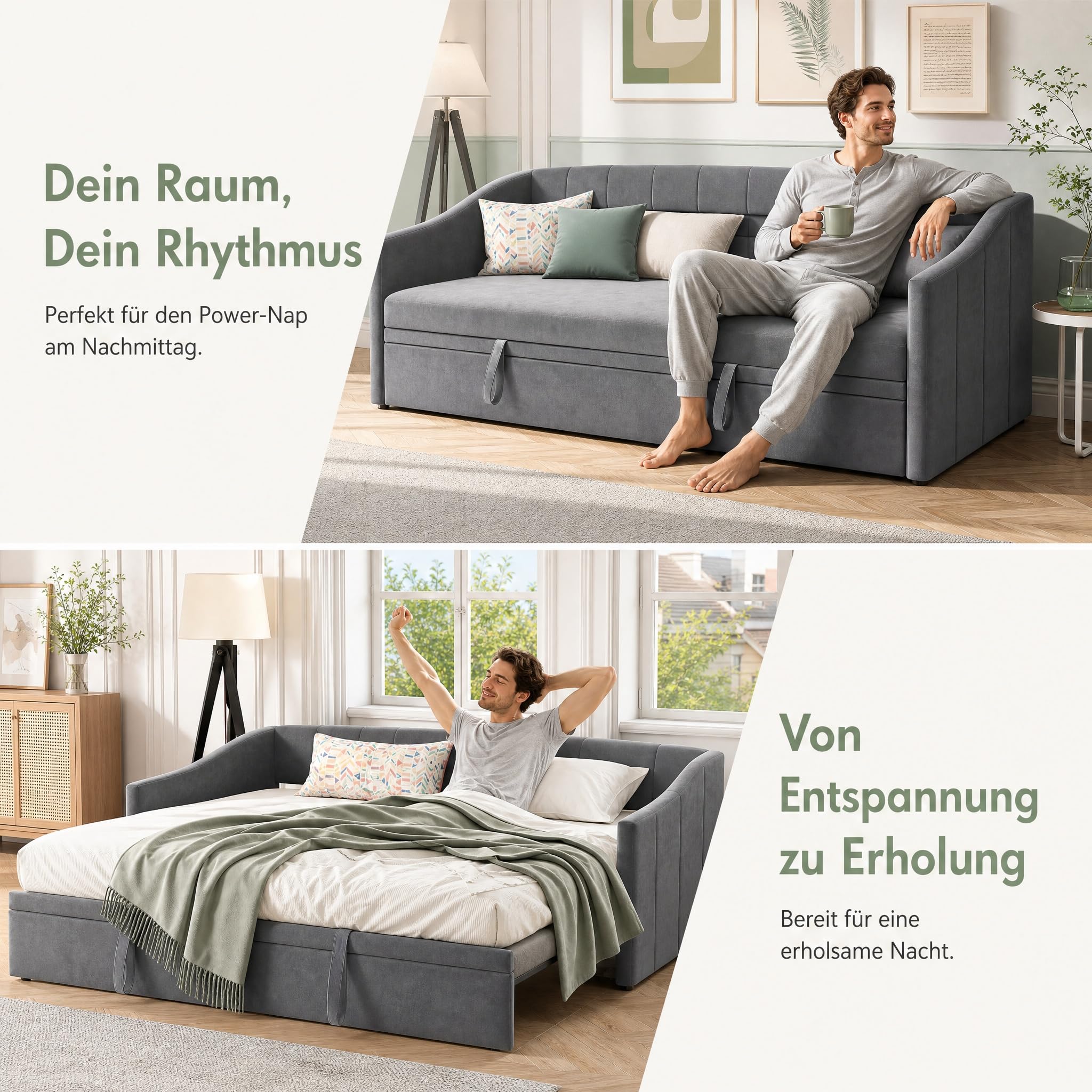 Ausziehbares Tagesbett 90/180x200 cm, Polsterbett Schlafsofa mit ausziehbarem Rollbett & Lattenrost,Schlafcouch Ausziehbar zum Doppelbett, Samt, Beige, Ohne Matratze (Grau-1)