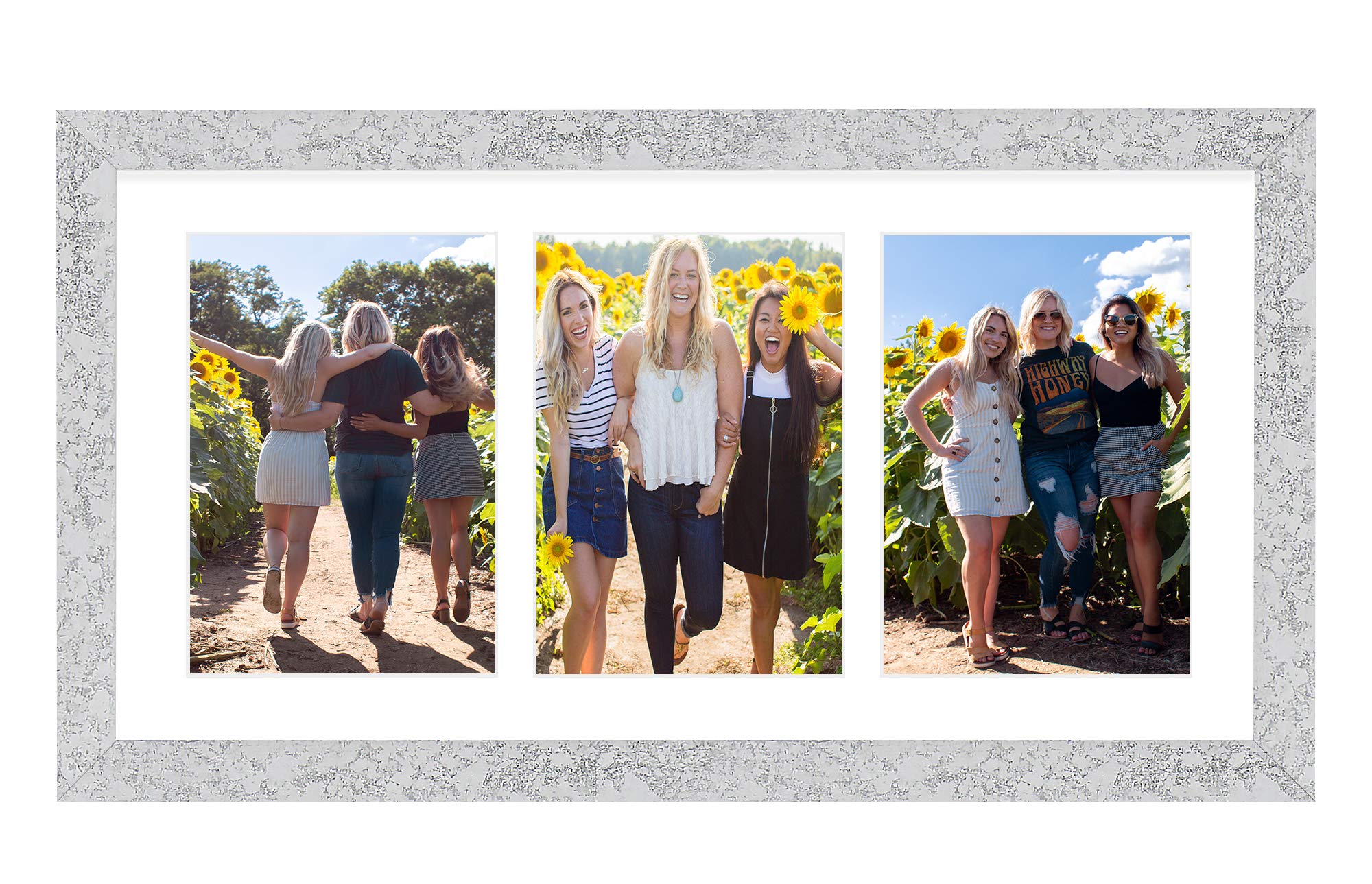 Golden State Art, 9x18 Silver Wood Frame - White Mat for Three 5x7 Pictures - Sawtooth Hangers- Swivel Tabs - Wall Mounting - Landscape/Portrait - Real Glass - Collage Frame