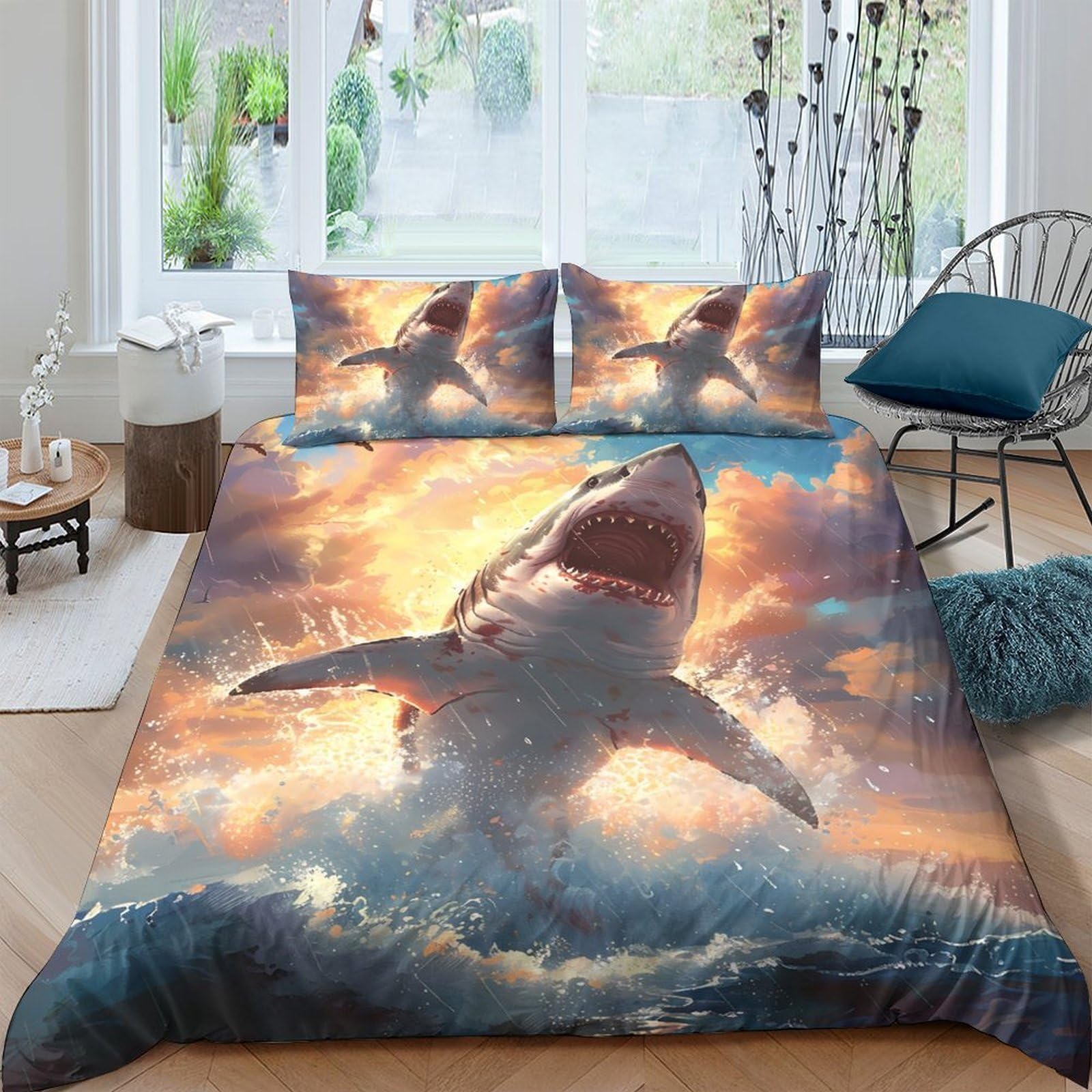 Ctjqhvkz Style-6 3D Printed Shark Ocean Fitted Sheet Microfiber Soft Breathable Sunset Wave Mattress Cover For Bedroom Decor Single（135X200cm）