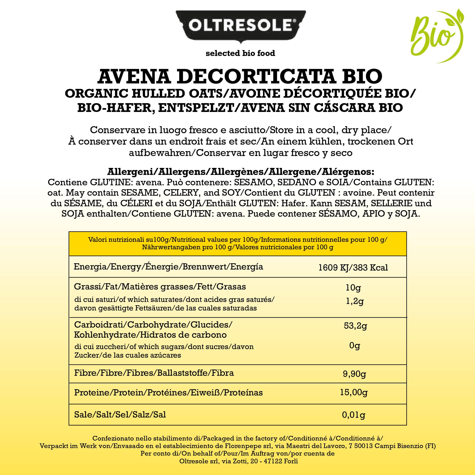Oltresole, Avena Decorticada 5 kg, Cereal Ecológico, Rico en Fibras y Proteínas, Ideal para una Dieta Sana y Equilibrada, Formato Conveniente