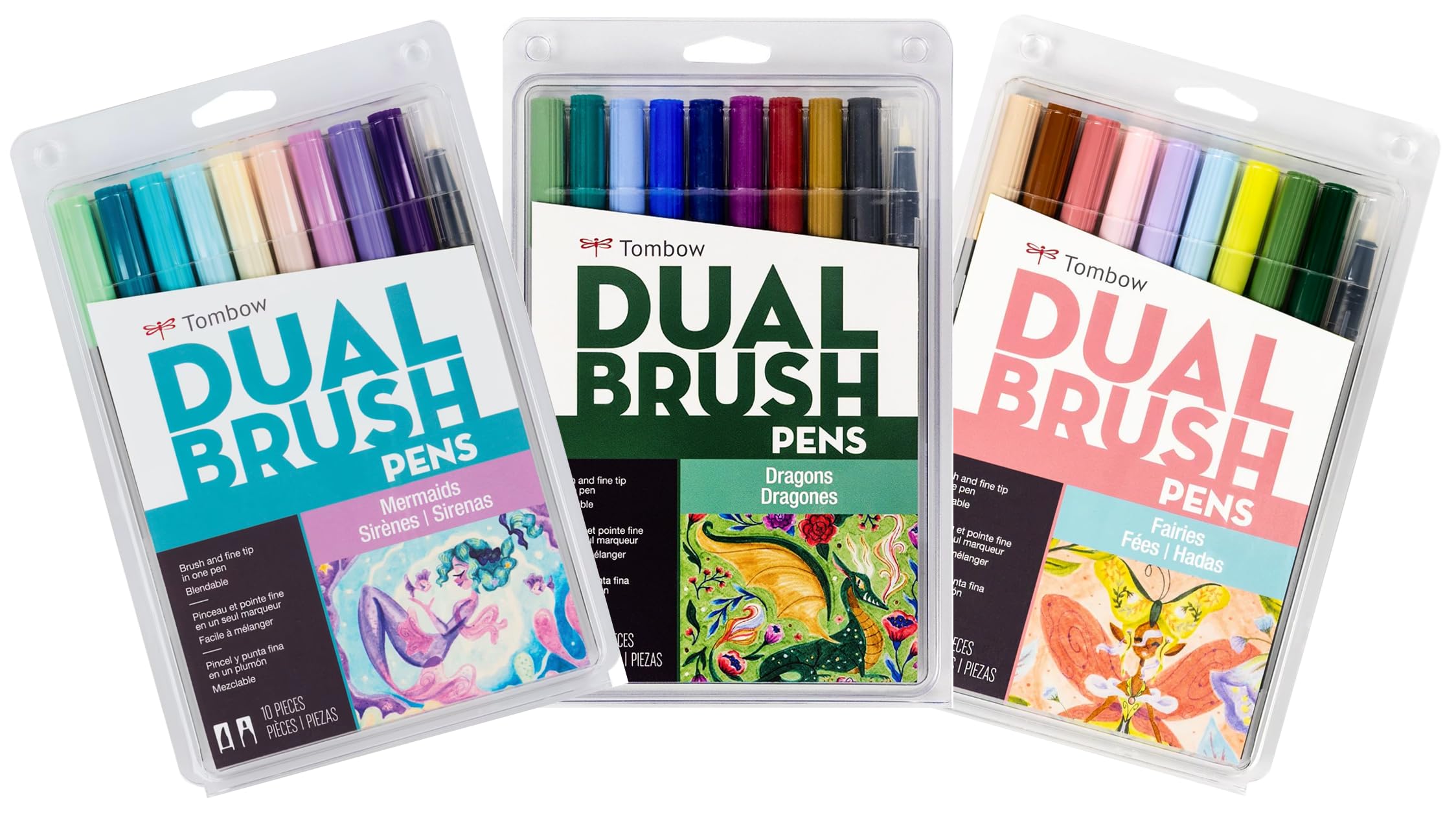 Dual Brush Pen 3 Pack Set- Mermaids, Fairies, & Dragons - 30 Piece - Includes Blender Pen…