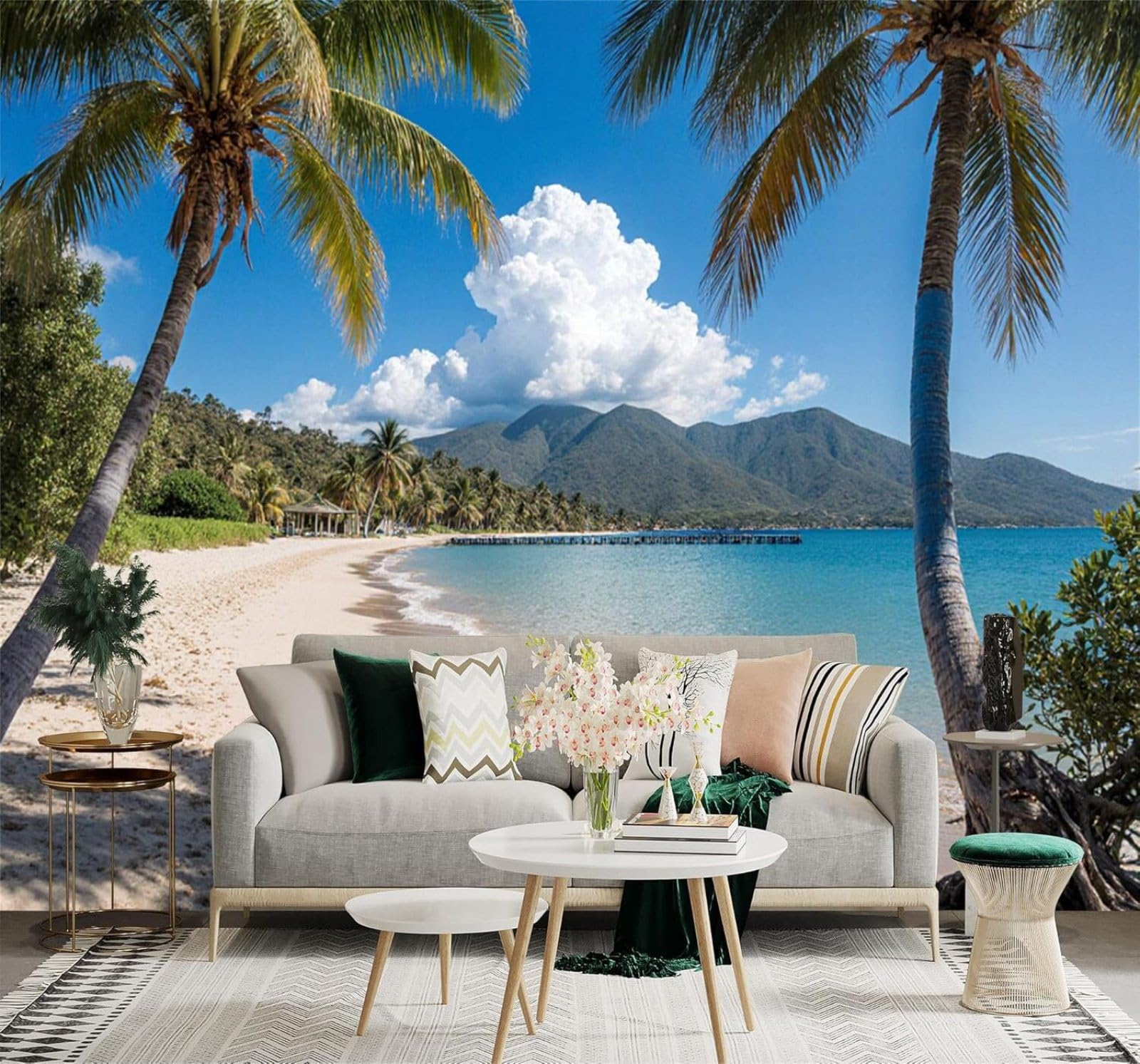 XLMING Tropical Palm Trees Beach Blue Ocean Mountain Scenery 3D Wallpaper Silky Texture Home Study Office Grey Dining Room Sofa Bedroom Living Room TV Backdrop-200cm×140cm
