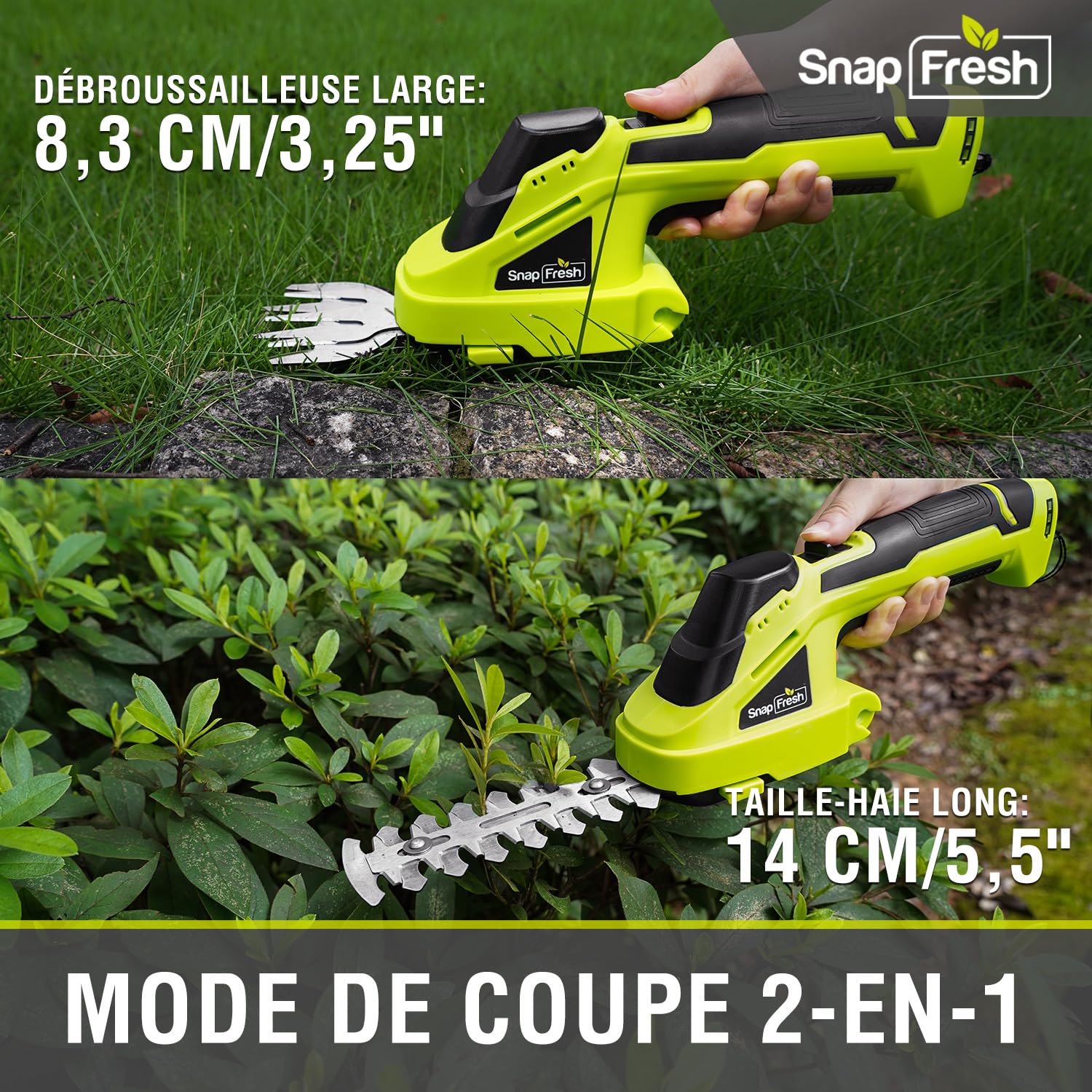 SnapFresh Taille Haie Batterie Electrique Mini Taille-Herbes sans Fil avec Batterie 8V Cisailles à Gazon Sculpte-Haies 2 en 1 - Autonomie: 60 Min, Longueur de Lame: 14 cm(Arbustes) / 8 cm(Herbe)