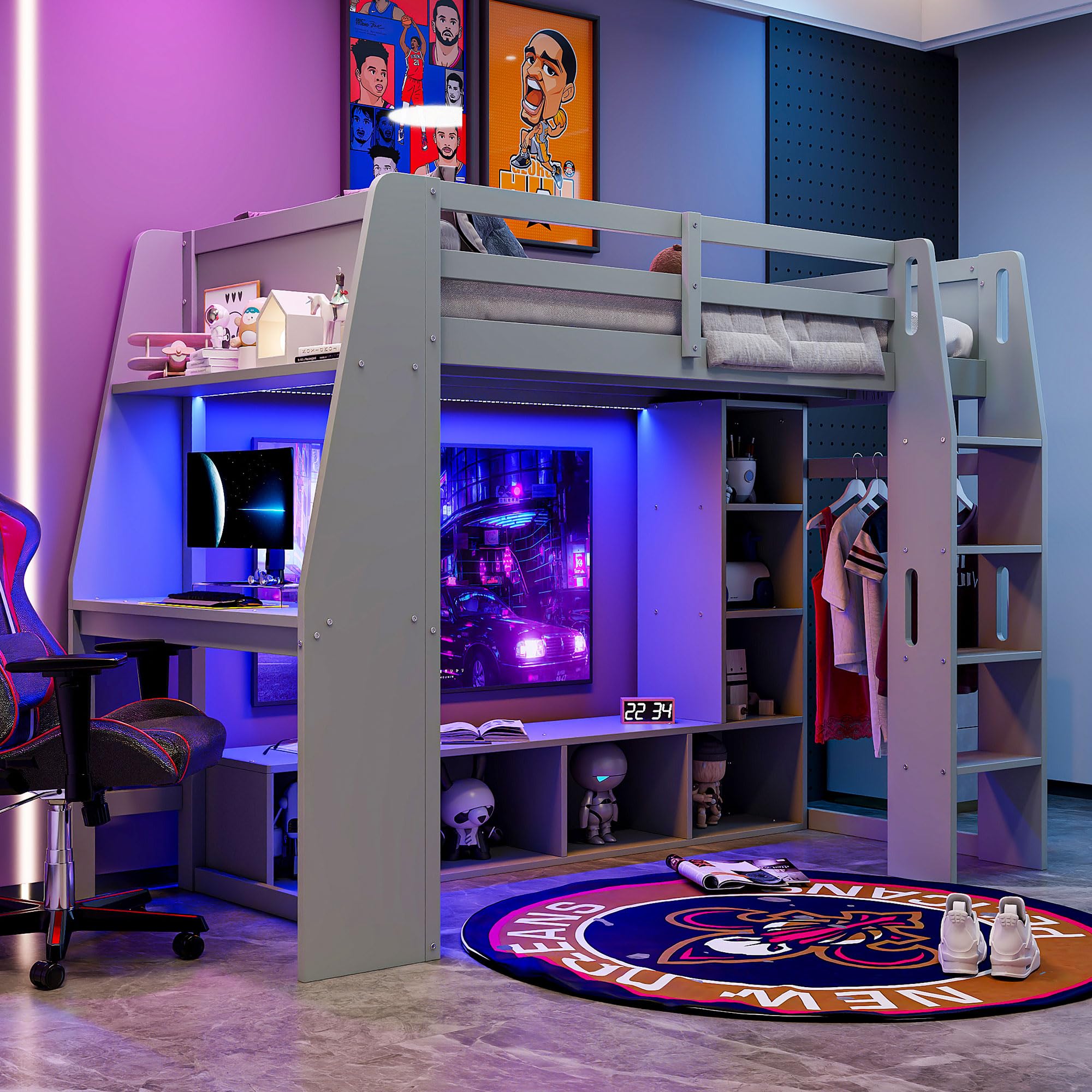 SOFTSEA Twin Gaming Loft Bed with Desk and LED Lights, Solid Wood Loft Bed with Open Wardrobe and Multi-Storage Shelves for Boys Girls Kids Teens, Grey