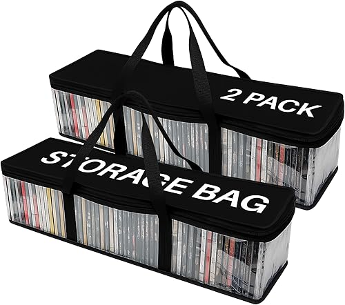 Evelots Bolsas de almacenamiento para CD (paquete de 2) Funda de transporte de plástico PVC transparente con cremallera, capacidad para 100 CD en