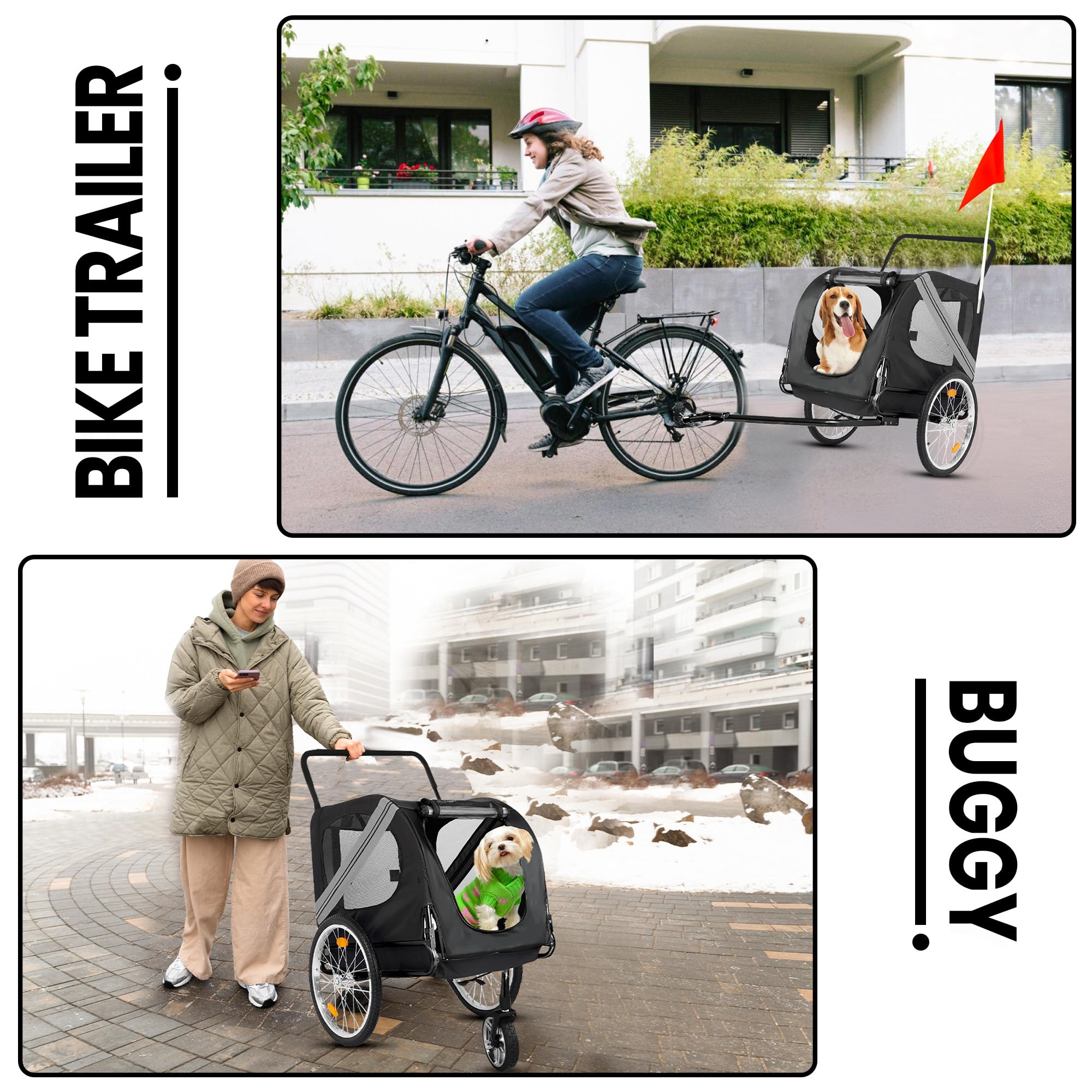 Remorque Vélo Chien 2 en 1 - Poussette Chien Pliable, Charge jusqu'à 35 kg, Attelage Inclus, Sol Antidérapant, Sangle Sécurité, Bien Ventilée, Multifonctionnelle, Gris Foncé