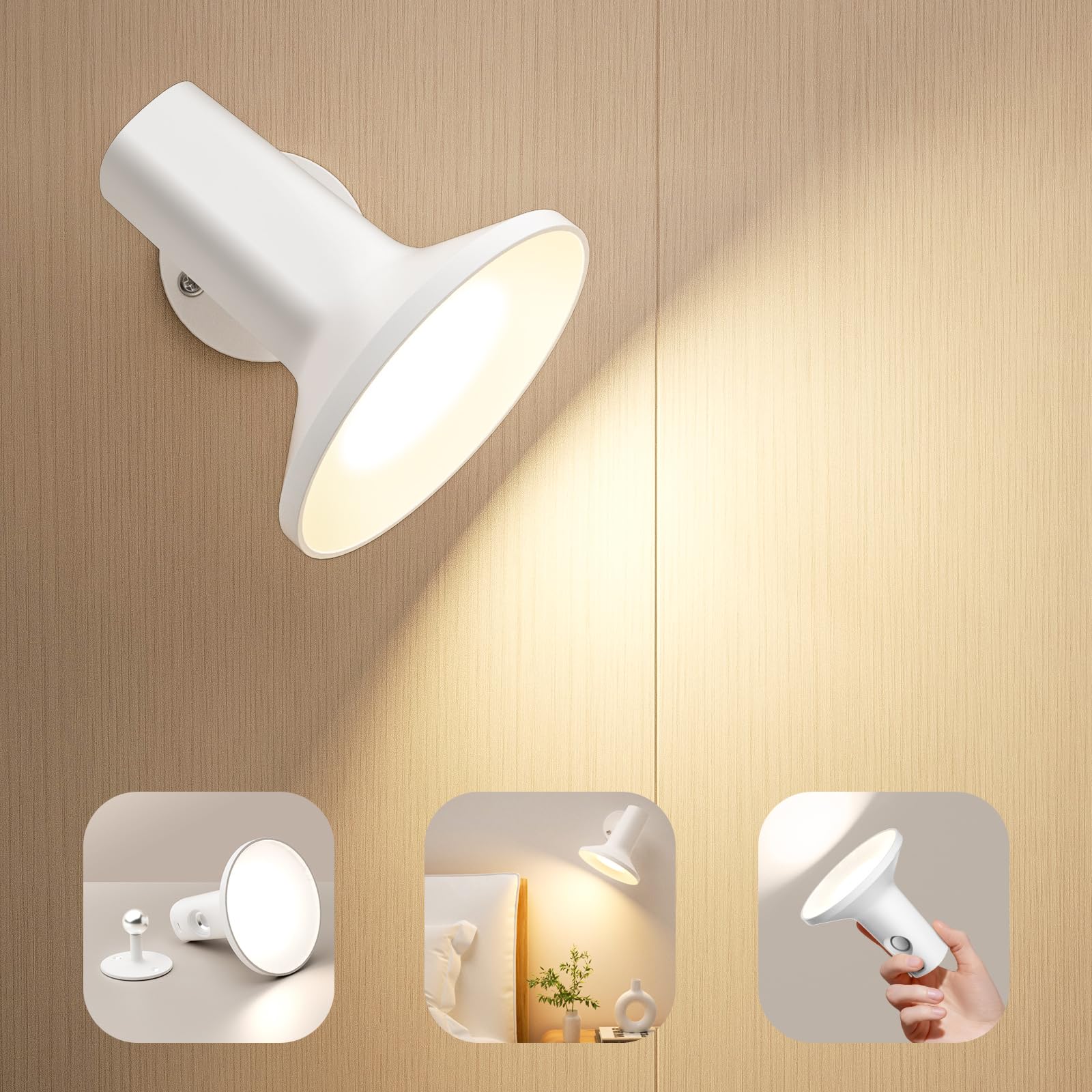 LED Lampada da Parete Interno,Bianco/Naturale/Caldo, Applique Ricaricabile da 2600 mAh,Luminosità Regolabile 10-100%, Illuminazione Ruotabile a 360 Gradi, Adatta per Corridoi/Soggiorno/Comodino