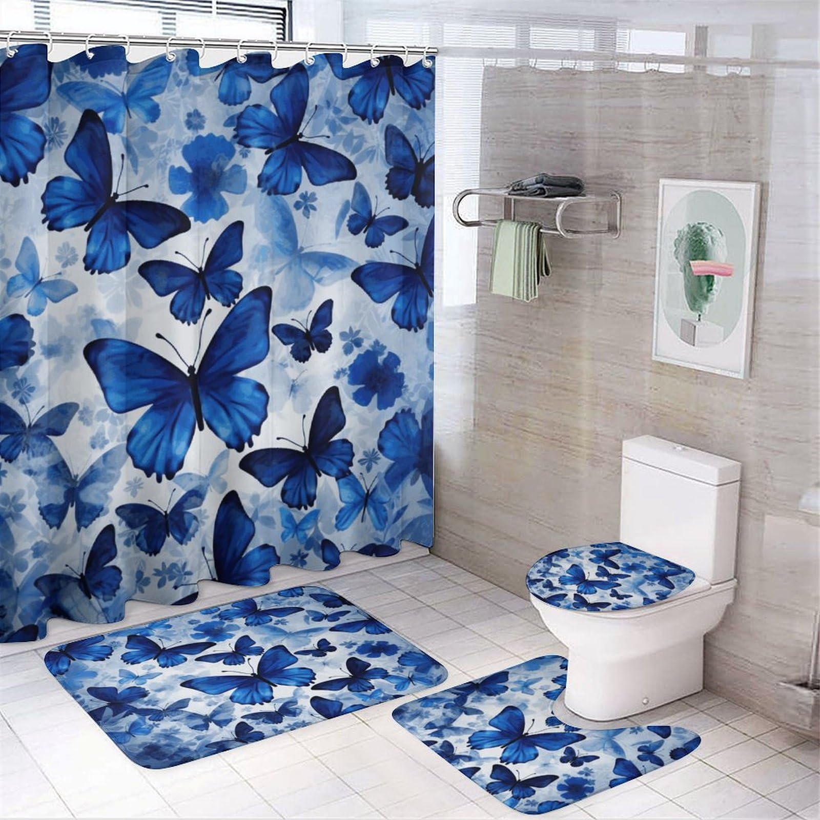 Rideaux de douche papillons bleus et tapis antidérapants pour sécuriser et décorer le sol