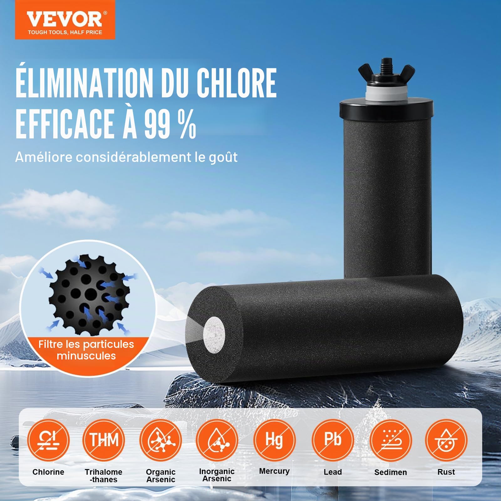 VEVOR Système de Filtration d'Eau par Gravité 8,5 L, Filtre à Eau par Gravité de Comptoir, en Inox 304, Réduction du Plomb et jusqu'à 99% du Chlore, avec 2 Filtres à Charbon, Robinet et Stand