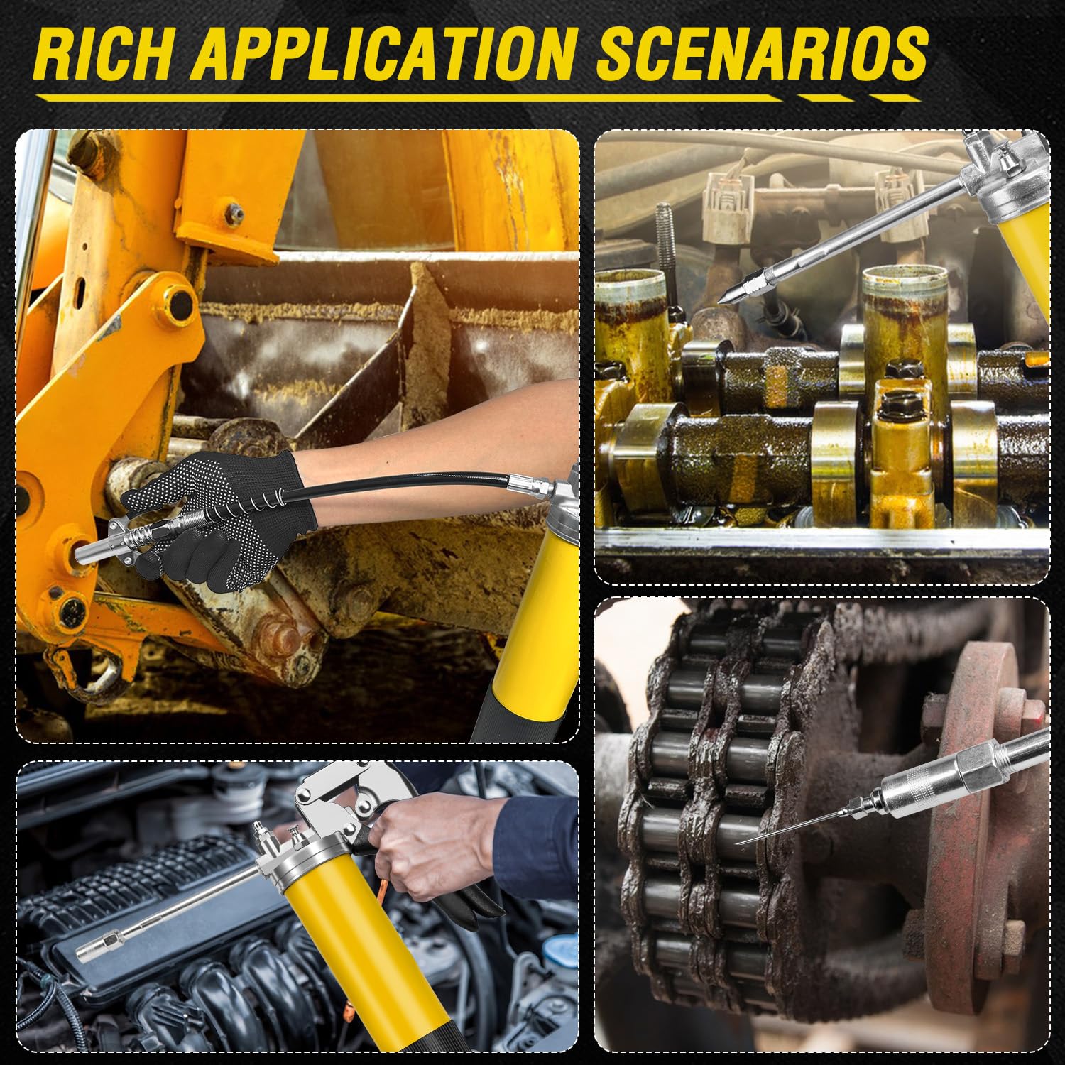 Grease Gun Kit, 7000 PSI Heavy Duty Pistol Grip Grease Gun with 14 oz Capacity, Includes 18 Inch Resin Flex Hose, Double Handle Grease Coupler and Other Accessories, Grease Gun for Automotive, Marine