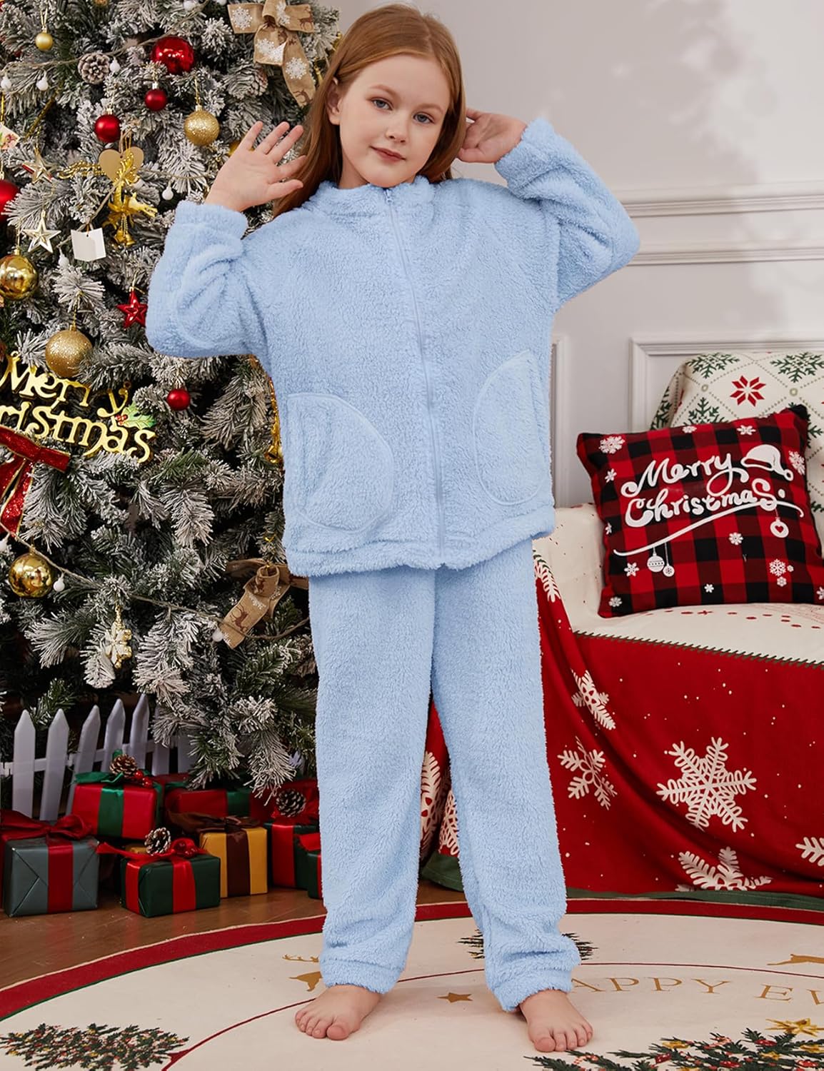 Girls Fleece Pants Sets Kids Fuzzy Sweatshirts Outfits Winter Zip Up Fluffy Sweatsuits Set - Image 3