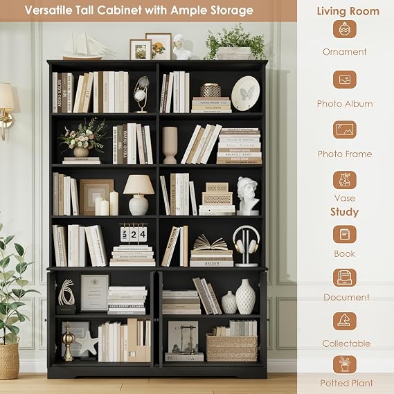 FirFurd Bookcase 6-Tier Bookshelf with Door 185cm Tall Living Room Bookcase | Freestanding Display Shelf with Open Compartments, Tall Storage Shelving Unit for Living Room Home Office, 120x27x185cm