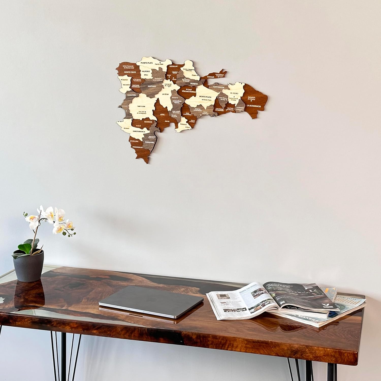 Colorfull Worlds 3D Dominican Republic Wooden Wall Art, Handcrafted Home and Office Decor, Engraved with City Names, Perfect Dominican-Inspired Accent (90 x 62 cm | 35.4" x 24.4")