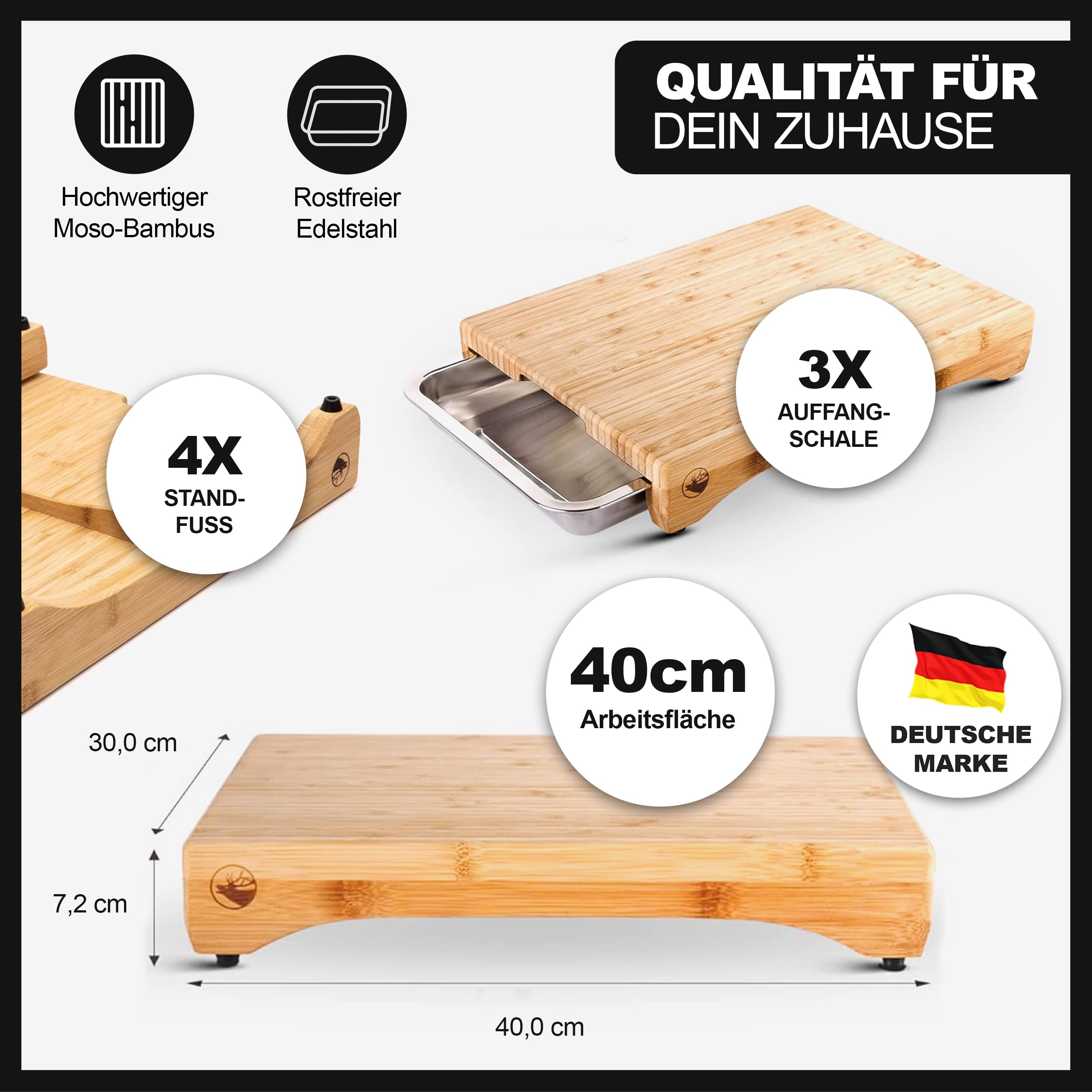 Grünhirsch® Premium Schneidebrett Bambus mit 3 x Auffangschale (Gr. 40x30x7cm) - Holzbrett & Küchenbrett Küche - Profi Cutting Board Set aus Holz - Holzschneidebrett mit 3 Auffang-Behälter (groß)