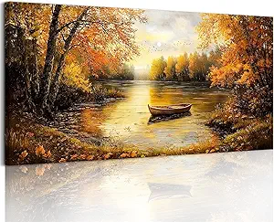 SERIMINO Fall Wall Art, Landscape Wall Art, Large Wall Decor, Lake Boat Forest Canvas Art Prints, Gold Autumn Nature Pictures, Rustic Paintings for Living Room Bedroom Dining Room Office Farmhouse 30"X60"